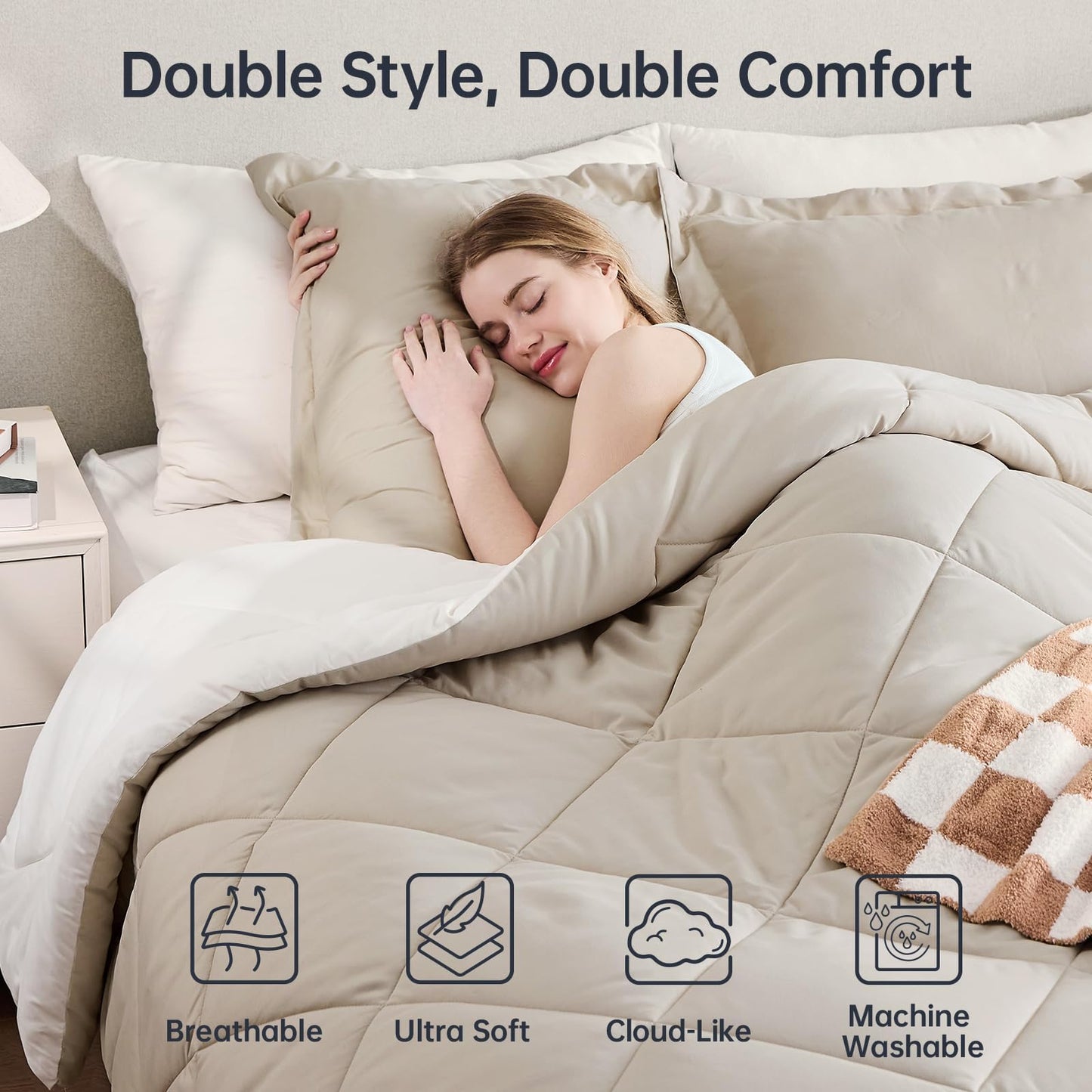 JOLLYVOGUE King Size Comforter Set, Soft Reversible Bedding for All Seasons, 3 Pieces Down Alternative Bed Set Includes 1 Lightweight Comforter (104"x90") and 2 Pillow Shams (20"x36"), Beige & Ivory