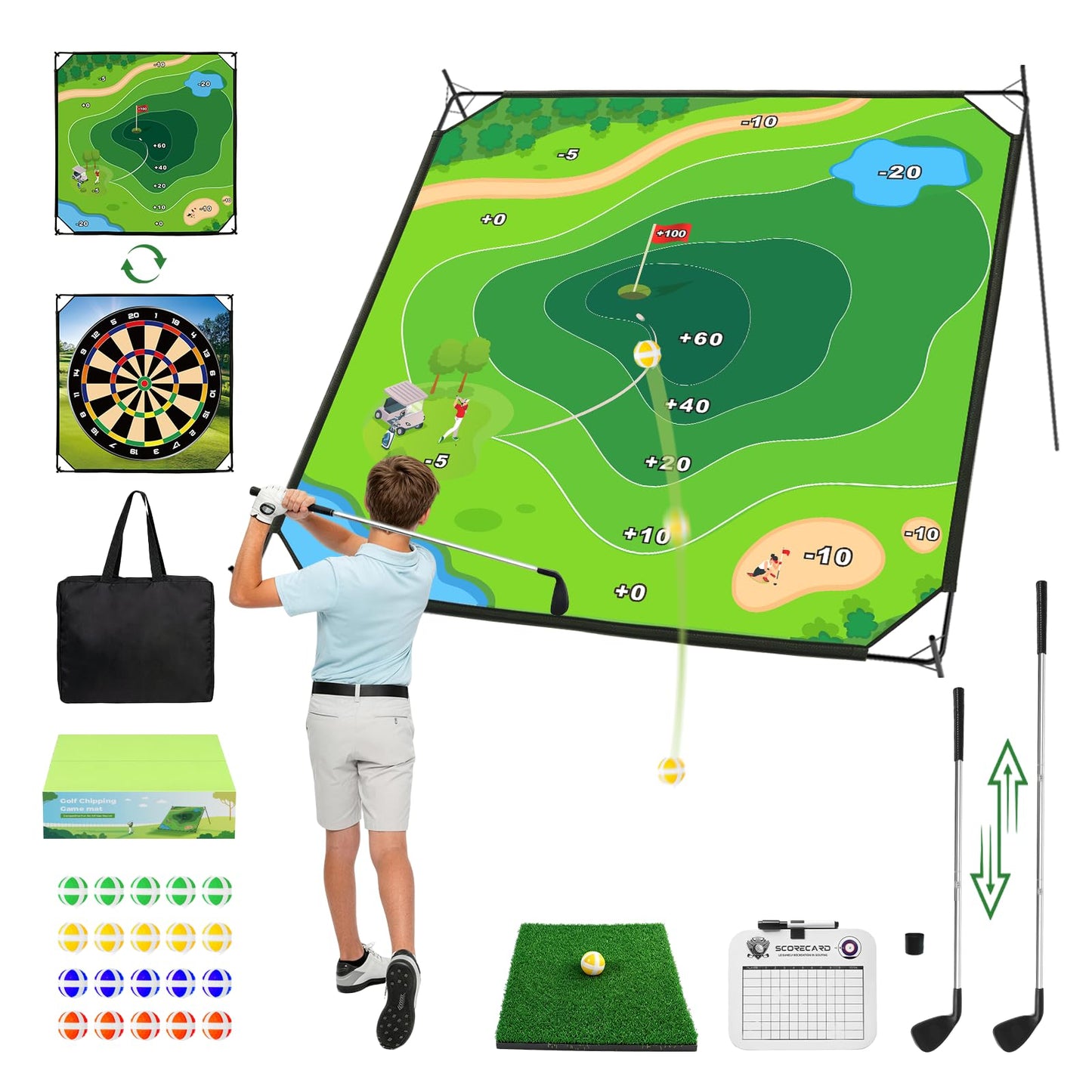 Battle Golf Chipping Game Mat, 59x59 inch Double Sided Golf Hitting Mat Outdoor Indoor Adjustable Golf Games Mat, Score Sticky Playing Golf Balls for Home Backyard Garage Game, Gift for Young Adults