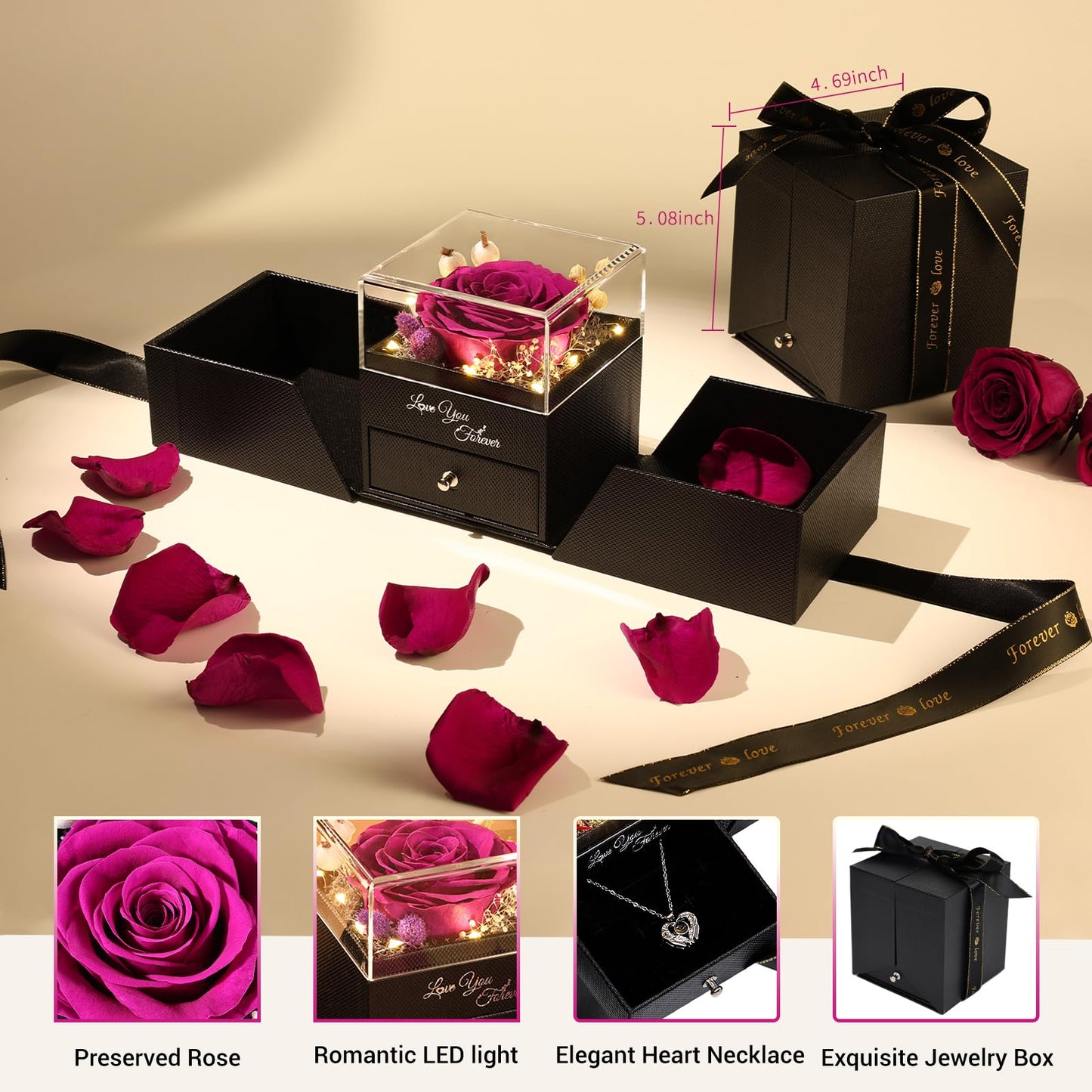FIACO Gifts for Women Preserved Real Roses with I Love You Necklace Fresh Forever Flowers Birthday Gifts for Mom Grandma Wife Girlfriend on Anniversary Christmas Valentines Romantic Gift