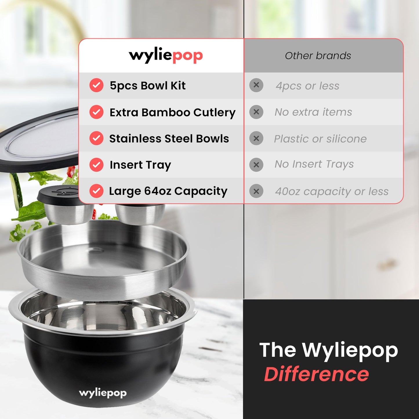 Wyliepop 64oz Stainless Steel Salad Bowl Kit & 3Pcs Bamboo Cutlery Set with 2x Condiment Containers, Insert Tray, Bowl & Leakproof Lid - Salad Bowl To Go Lunch Portable Reusable