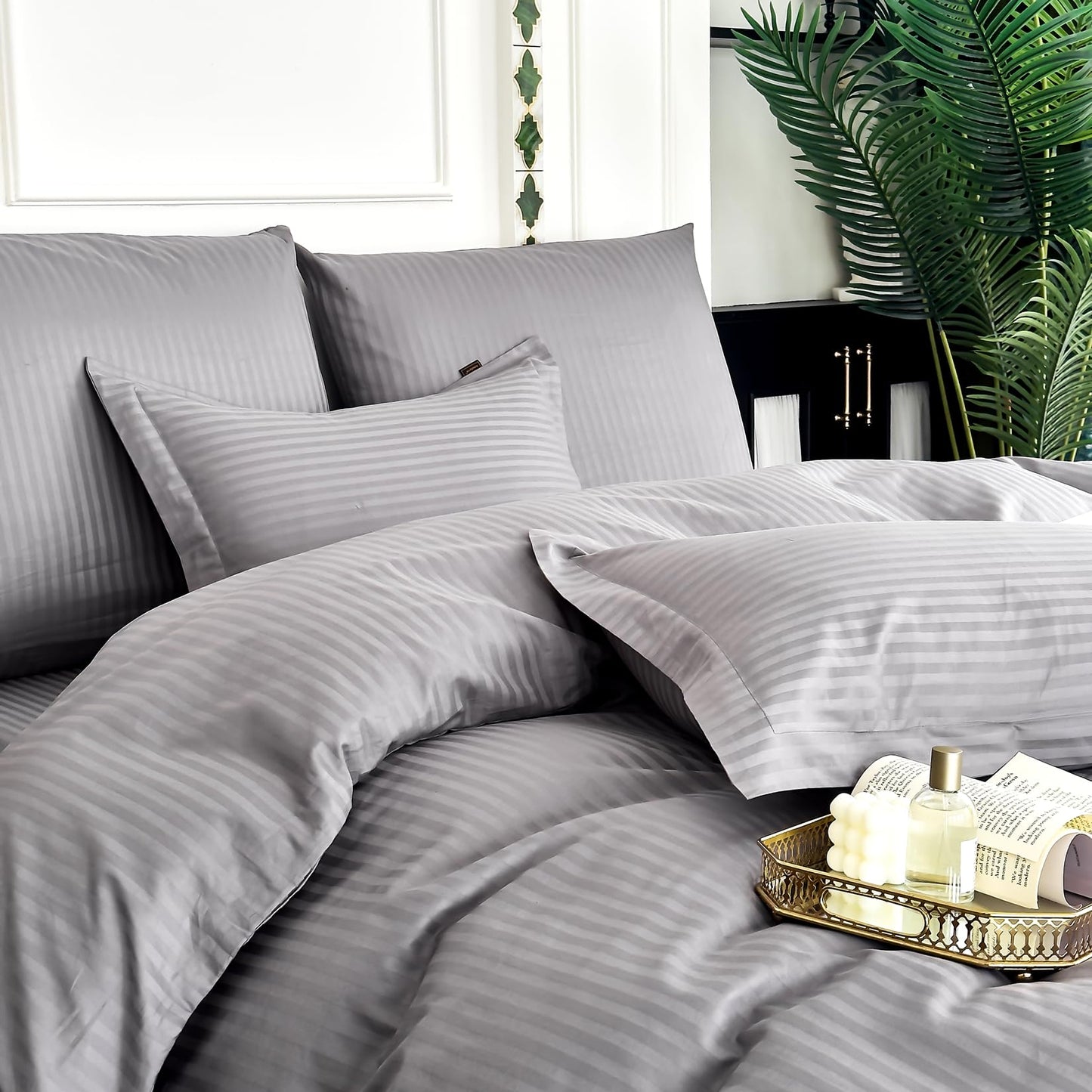 Amolavet Hotel Duvet Cover King Size Cotton Dark Grey Satin Pin Striped with Zipper - Duvet Cover King 3 Pcs Set 104x90 (1 Duvet Cover & 2 Pillow Shams) - Comforter/Quilt Cover King Size