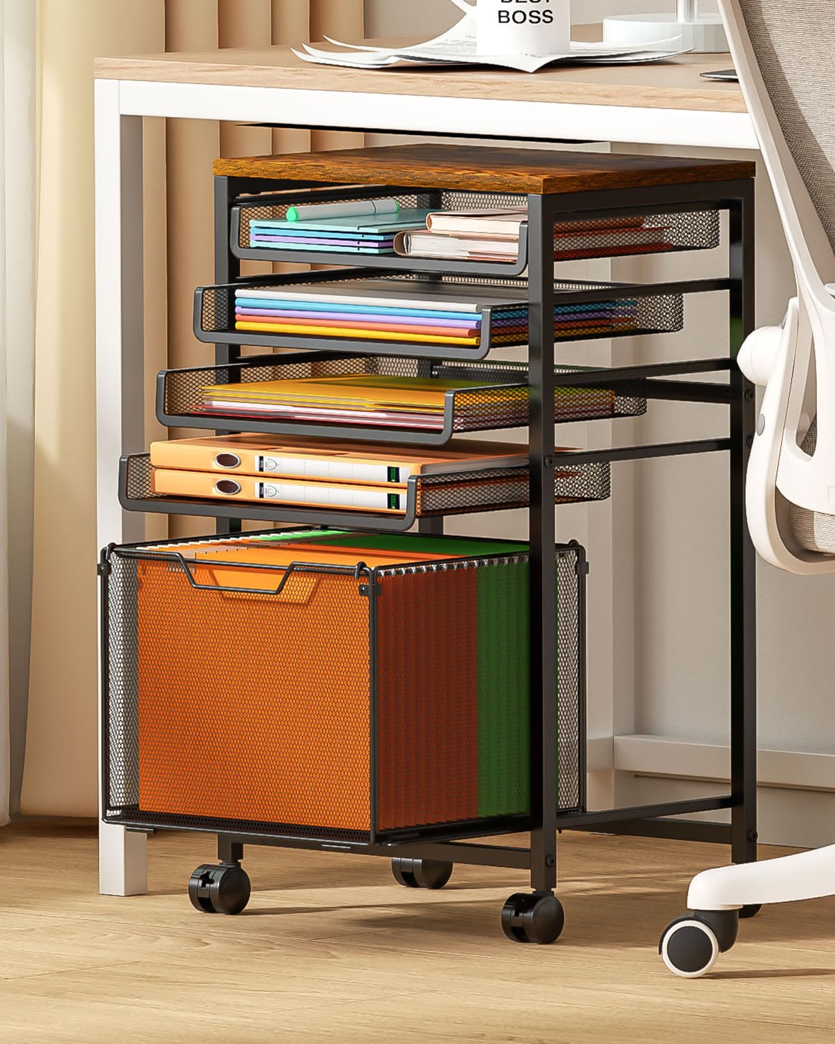 Rolling File Cart with Wheels, 5-Tier Under Desk Filing Cabinet for Letter-Size File Storage, Sliding Metal Mesh Trays & Printer Stand, Office Storage and Organization for Teachers, Home Office