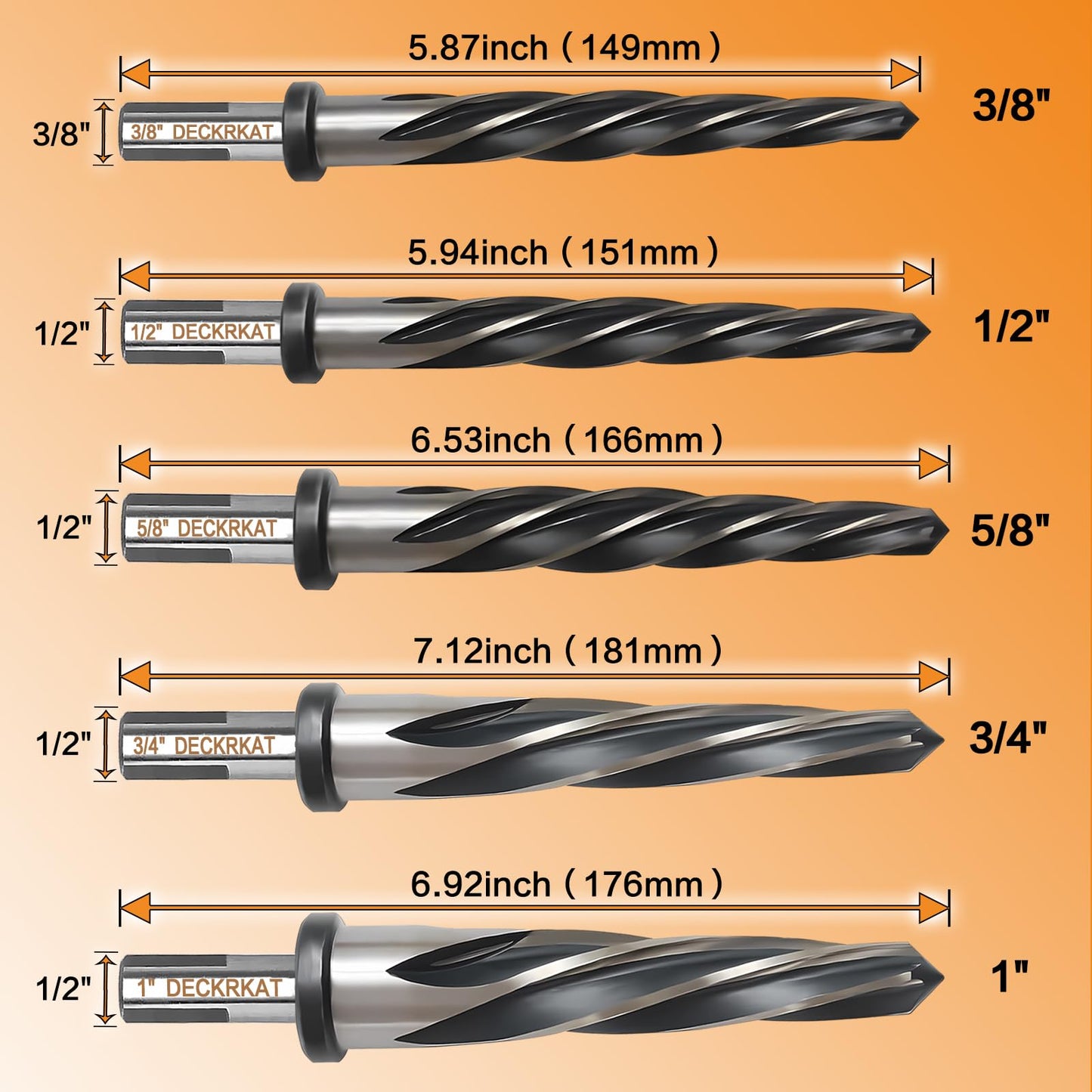5-Piece 3/8", 1/2", 5/8", 3/4", 1" Reamer Drill Bit for Metal, M2 HSS Taper Reamer for Steel, Alloy, Wood, Plastic to Align, Enlarge Holes – 5-Spiral Flutes, 1/2" Non-Slip Shank, Construction Reamer.