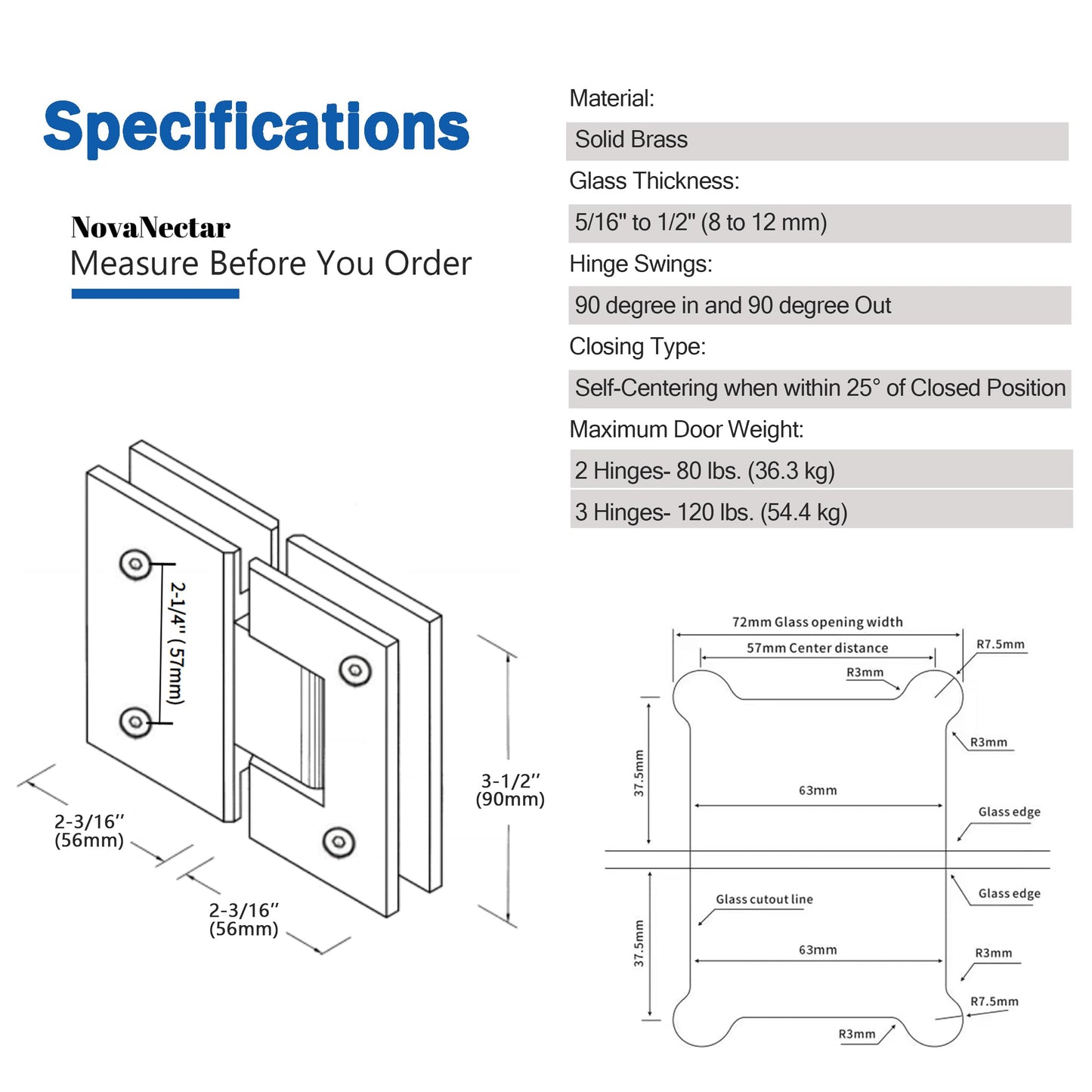 NovaNectar Brass Glass Door Hinge,90 Degree Heavy Duty Short Back Plate Hinges, Shower Door Hardware Replacement for 5/16" to 1/2" (8 to 12 mm) Tempered Glass (Gold, 1 Pack (180 Degree))