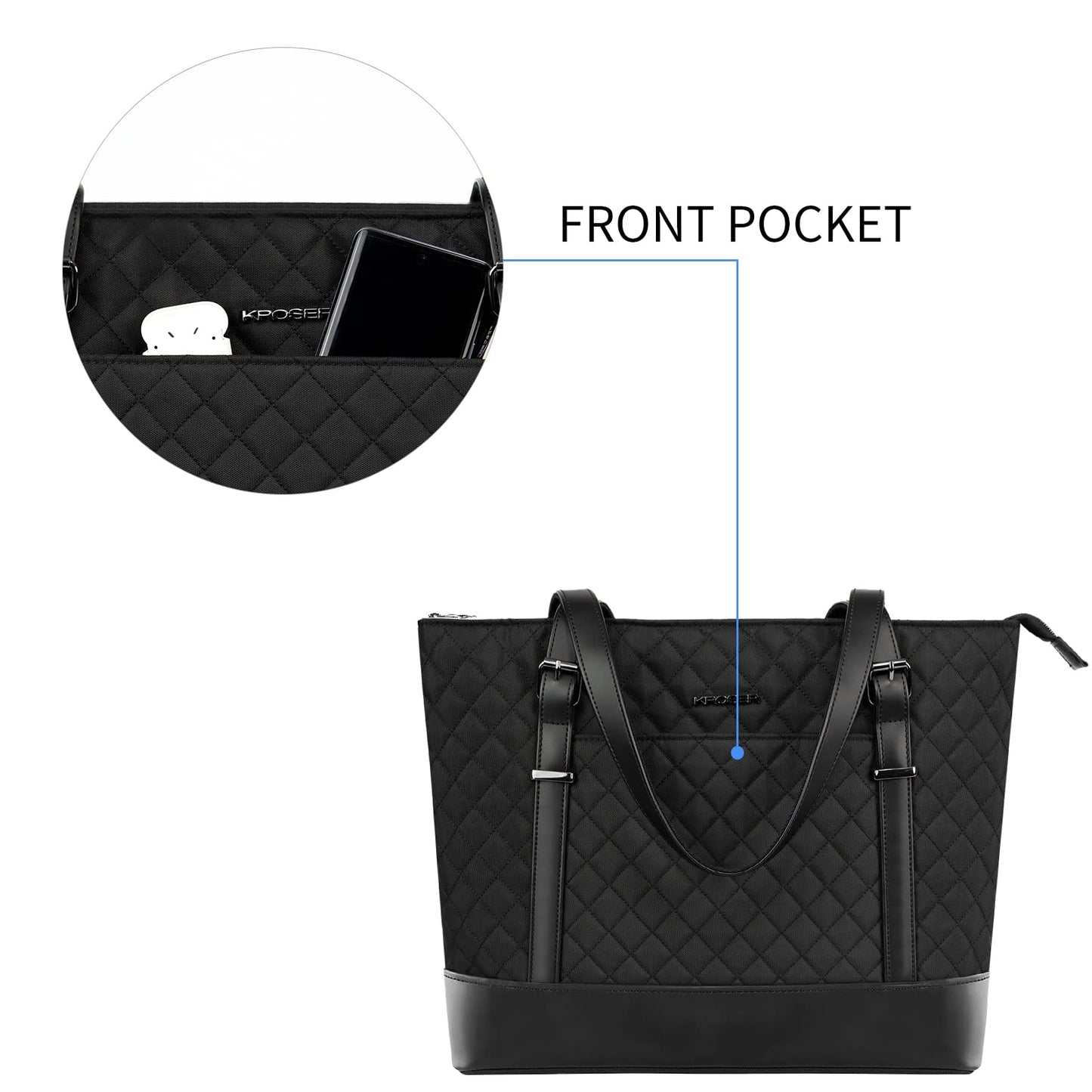 KROSER Laptop Tote Bag 15.6 Inch with USB Port, Large Work Tote Bag Computer Shoulder Bag for Women, Laptop Case for Office Business Travel(Quilted)