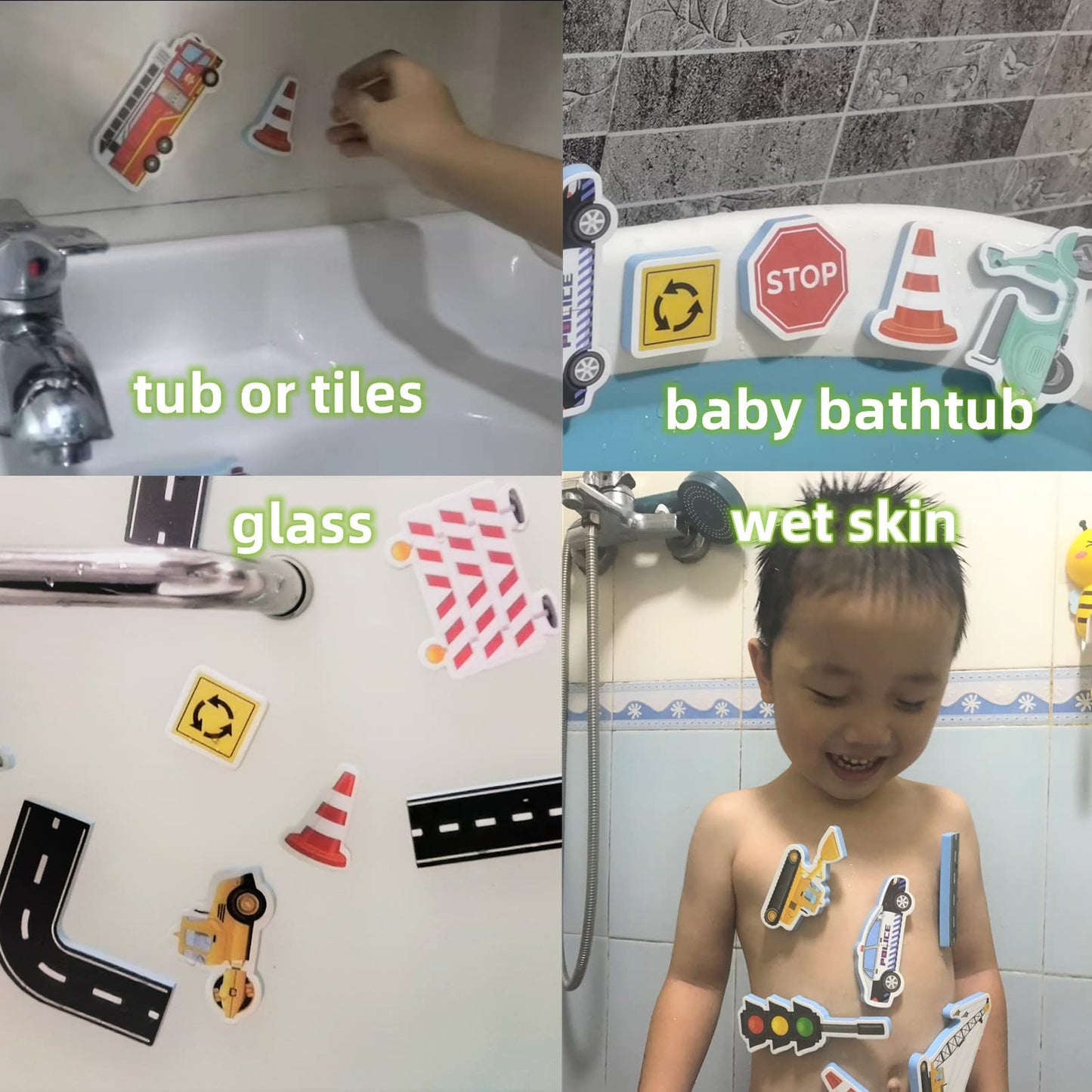 Foam Bath Toys for Toddlers- 30 Piece Vehicles Bath Stickers with Storage Bag Educational Floating Bathtub Traffic Preschool Non-Toxic Fun Bathing for Baby Girls Boys Toddler Kids