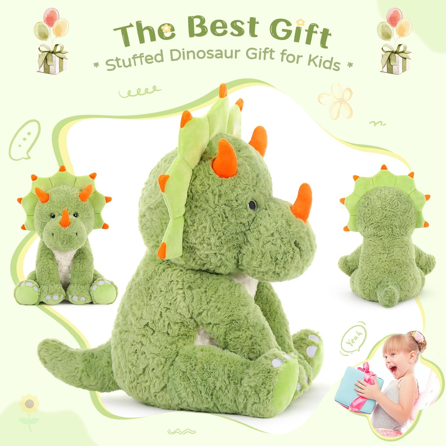 Tezituor 24inches Green Dinosaur Stuffed Animals, Large Stuffed Dinosaur Triceratops Plush Toys, Hugging Soft Dino Plush Pillow for Kids Adult