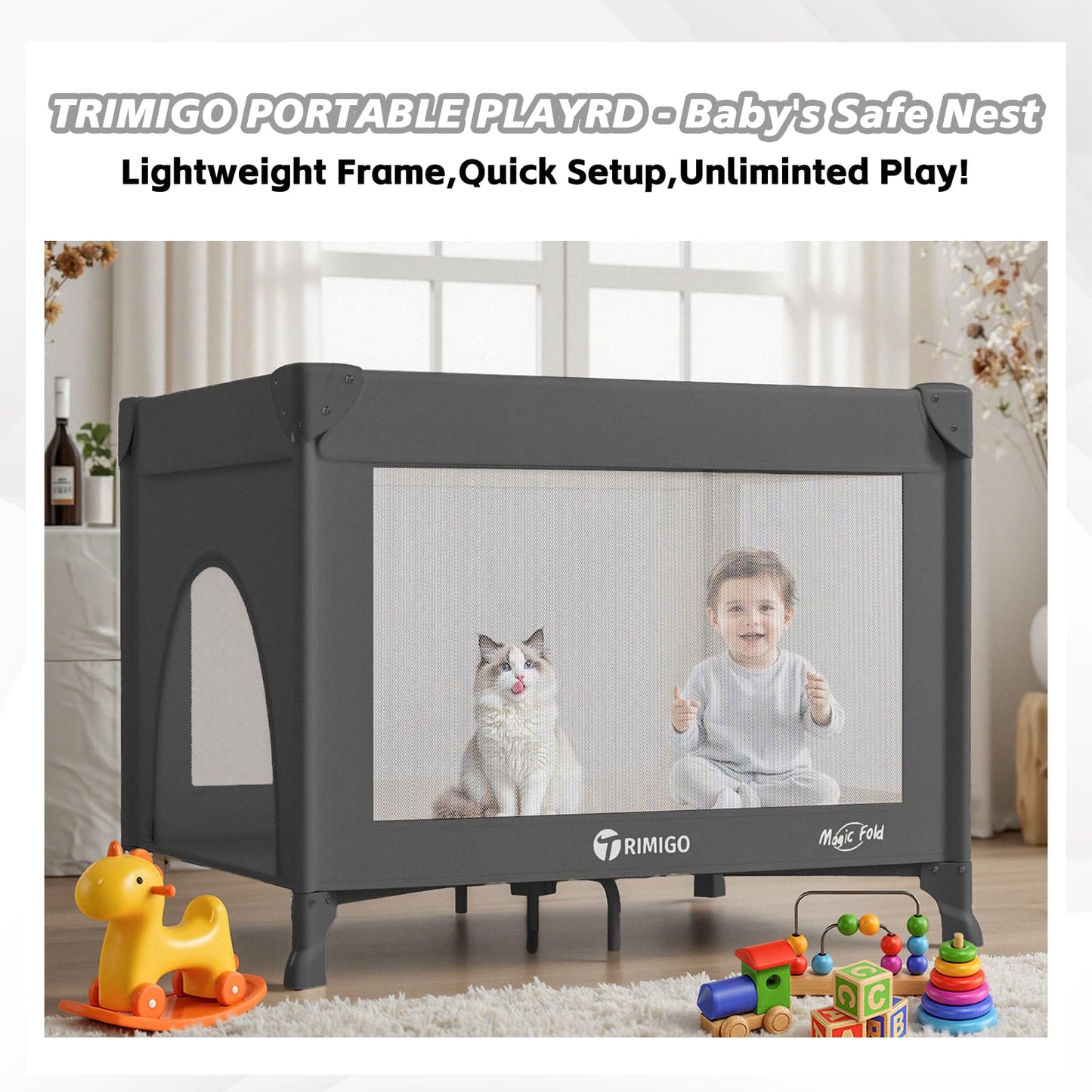 Trimigo Baby Playard, Portable Travel Crib,Baby Playpen - Baby Safe Folding Travel Bed w/Mattress, Breathable Mesh | Compact Lightweight Baby Bed for Babies & Toddlers (Black)