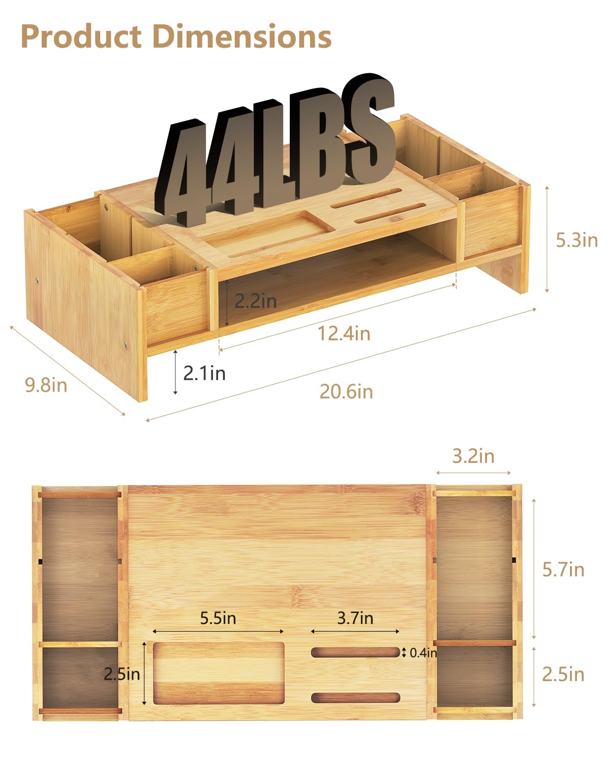 Ufine Bamboo Monitor Stand with Storage Compartments Ergonomic Computer Laptop Riser Small Space Organizer for Home Office