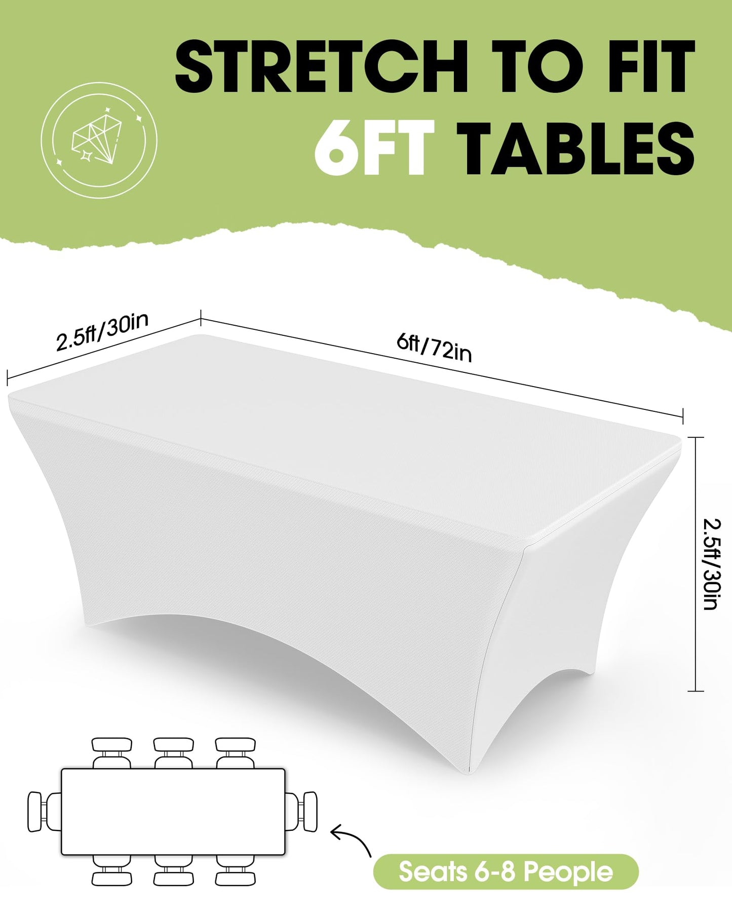Pureegg Spandex Tablecloth 6ft - 6 Pack, Fitted and Stretch Table Cover for Rectangle Tables, Wrinkle-Resistant and Secure Fabric for Outdoor, Picnic, Party, Wedding, Banquet and Birthday, White