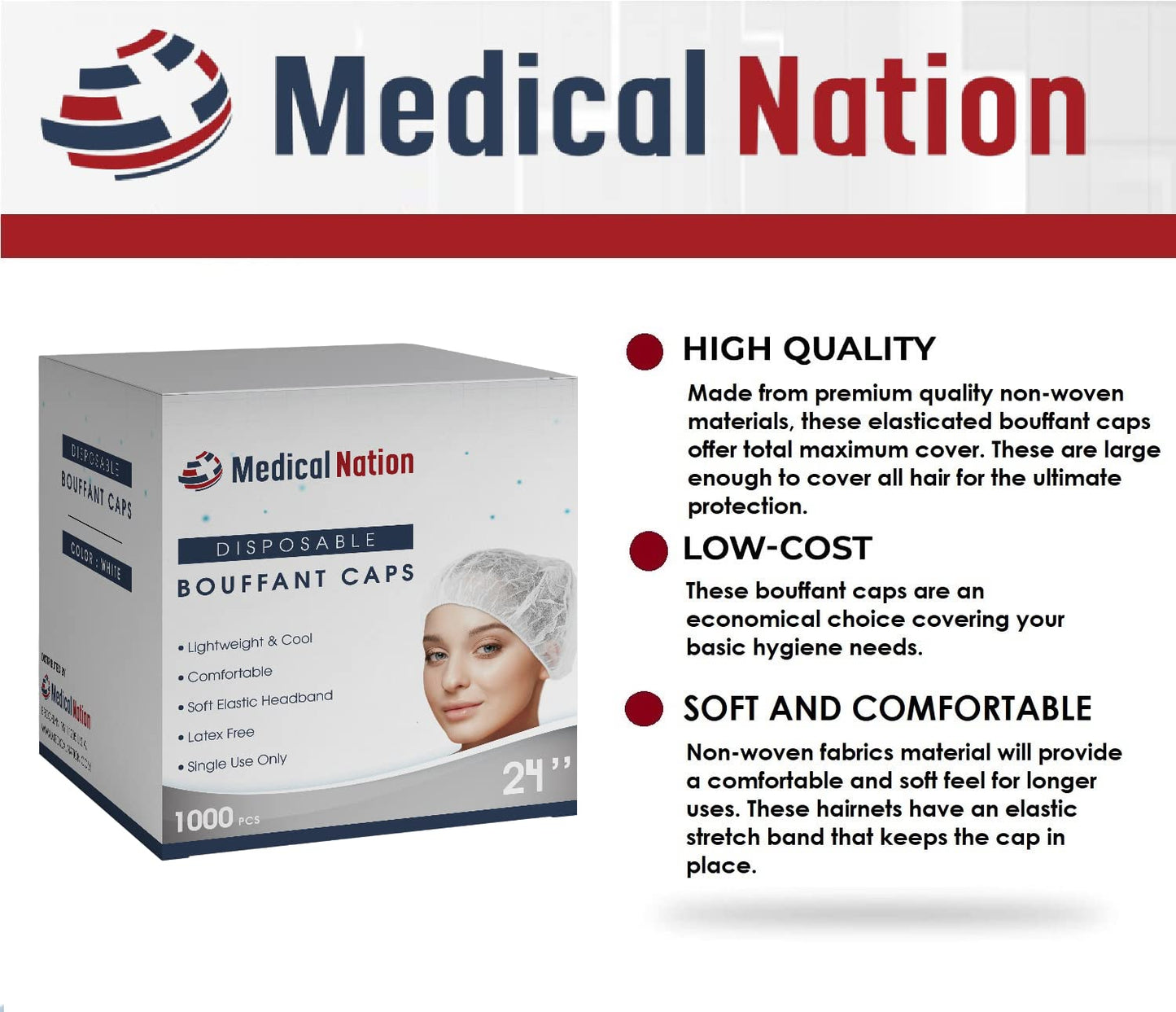 Medical Nation 21" Disposable Bouffant Caps |CASE of 1000, White| Hairnets, Non-Woven, Non-Pleated Head Hair Covers |for Medical, Labs, Nurse, Tattoo, Food Service, Hospital, Cooking - Size 21" White