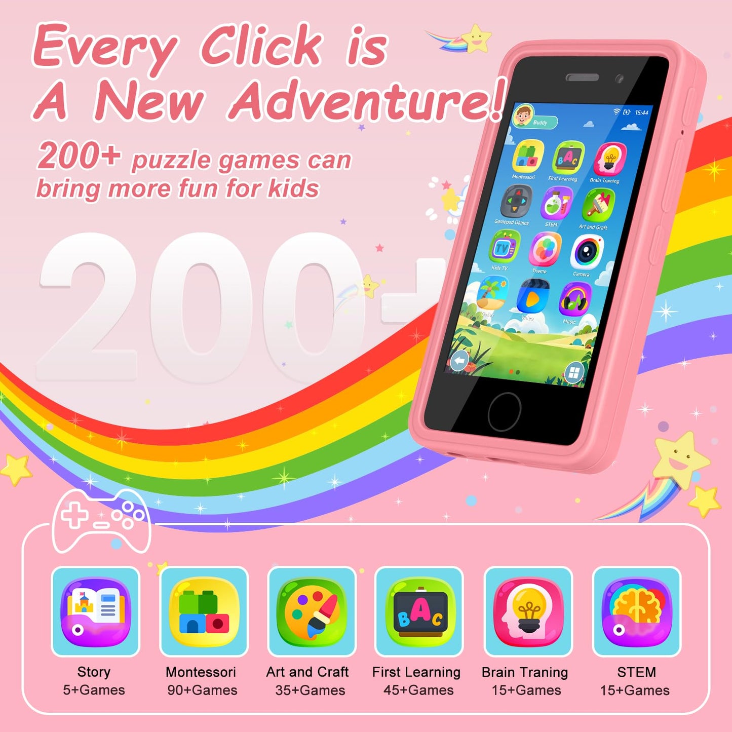 3.97" Touchscreen Kids Toys Smart Phone, Kids Phone with Games & Dual Camera, Toddler Toys Phone, Boys and Girls Learning Toy Phone for 3-9 Years Old (Pink)