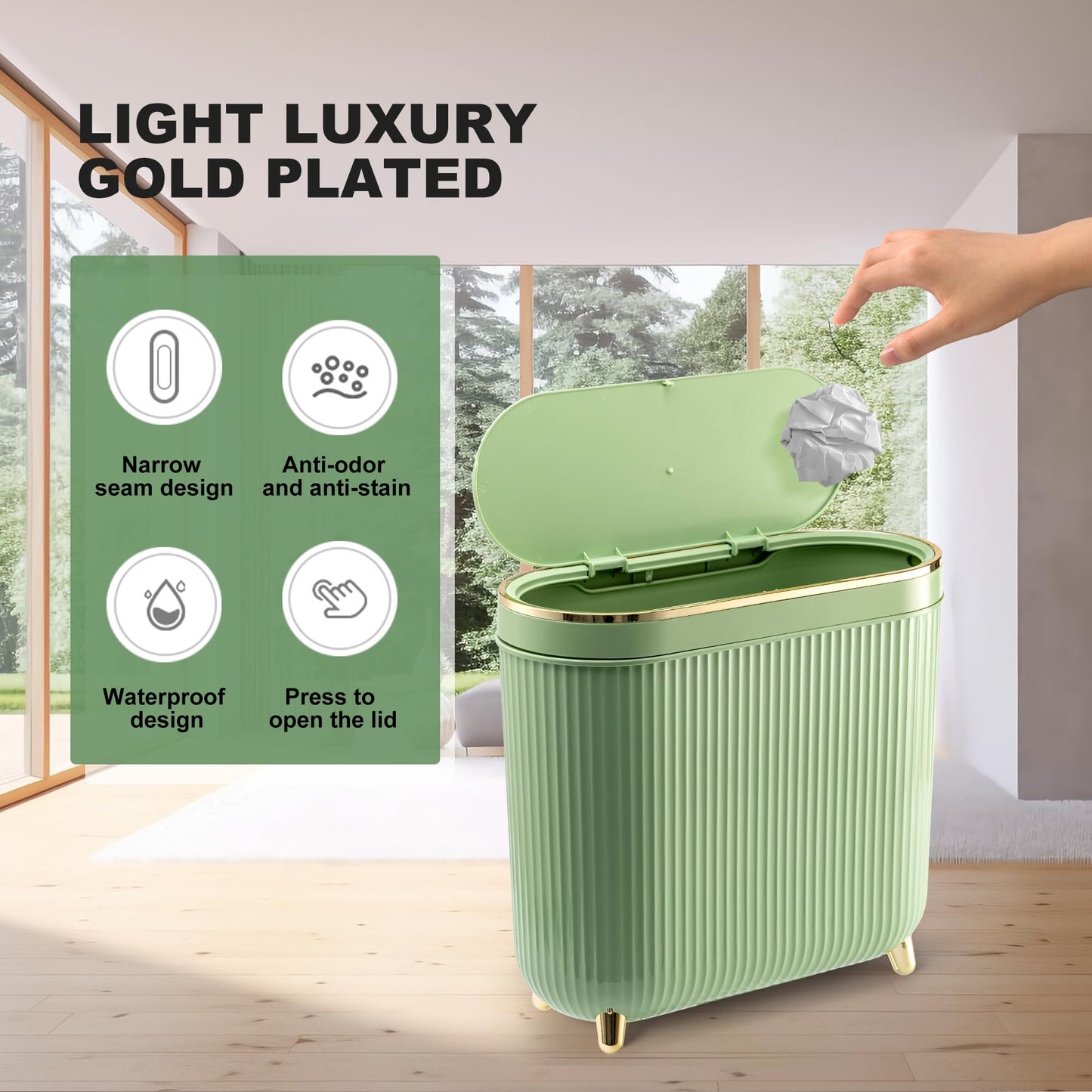 Supteron Bathroom Trash Can with Lid 3.2 Gallon Narrow Trash Can Small Plastic Trash Bin 12 Liter with Press Type Lid for Bedroom Bathroom, Mint Green