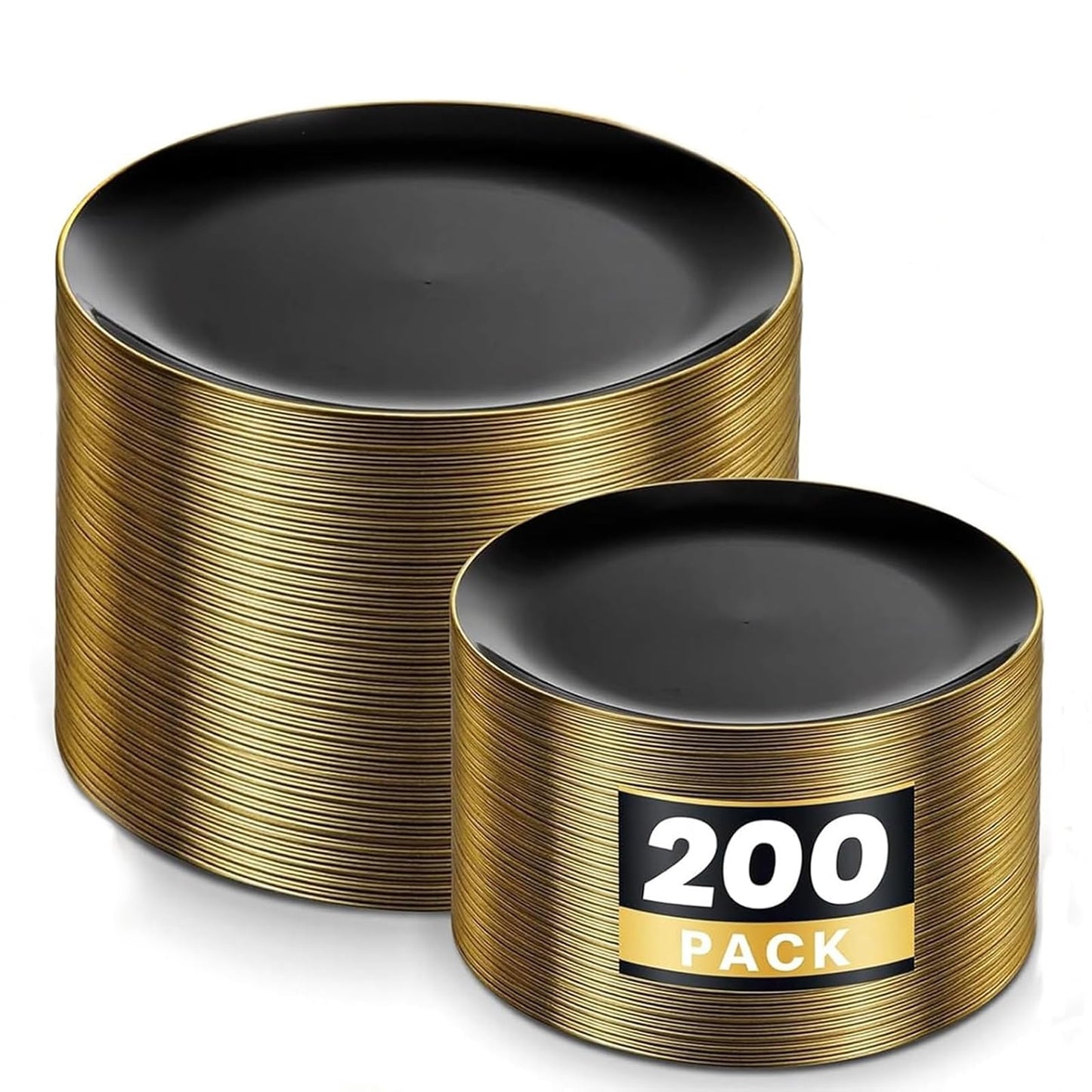 KIRE 200Pcs Black Plastic Plates - Black and Gold Plates Disposable for Party - Include 100 for Dinner and 100 for Dessert for Birthday/Wedding/Graduation/Father's Day