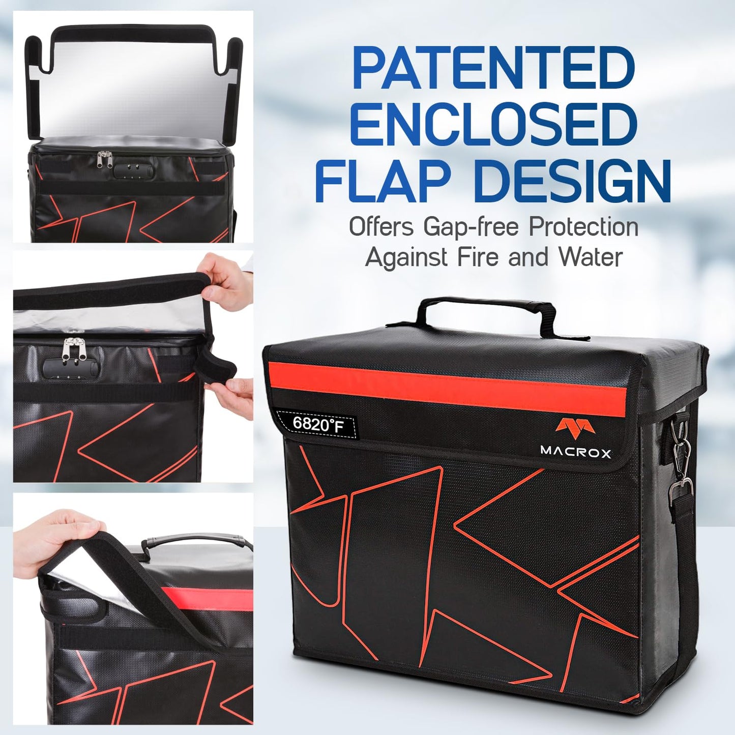 Fireproof and Waterproof Document Bag with Lock, 6200℉ Insulated, Patented Enclosed Flap Design, Heavy Duty Fire Safe Storage Box for Documents, Files & Valuables, 16"x12.6"x6.5"