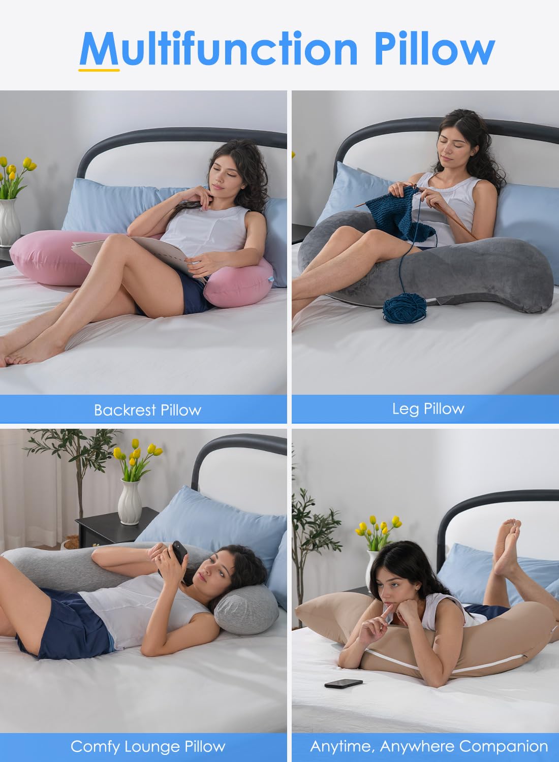 QUEEN ROSE Body Pillow for Side Sleepers, Soft Comfort S Shaped Hug Pillow for Adults, Full Body Support, Velvet Grey
