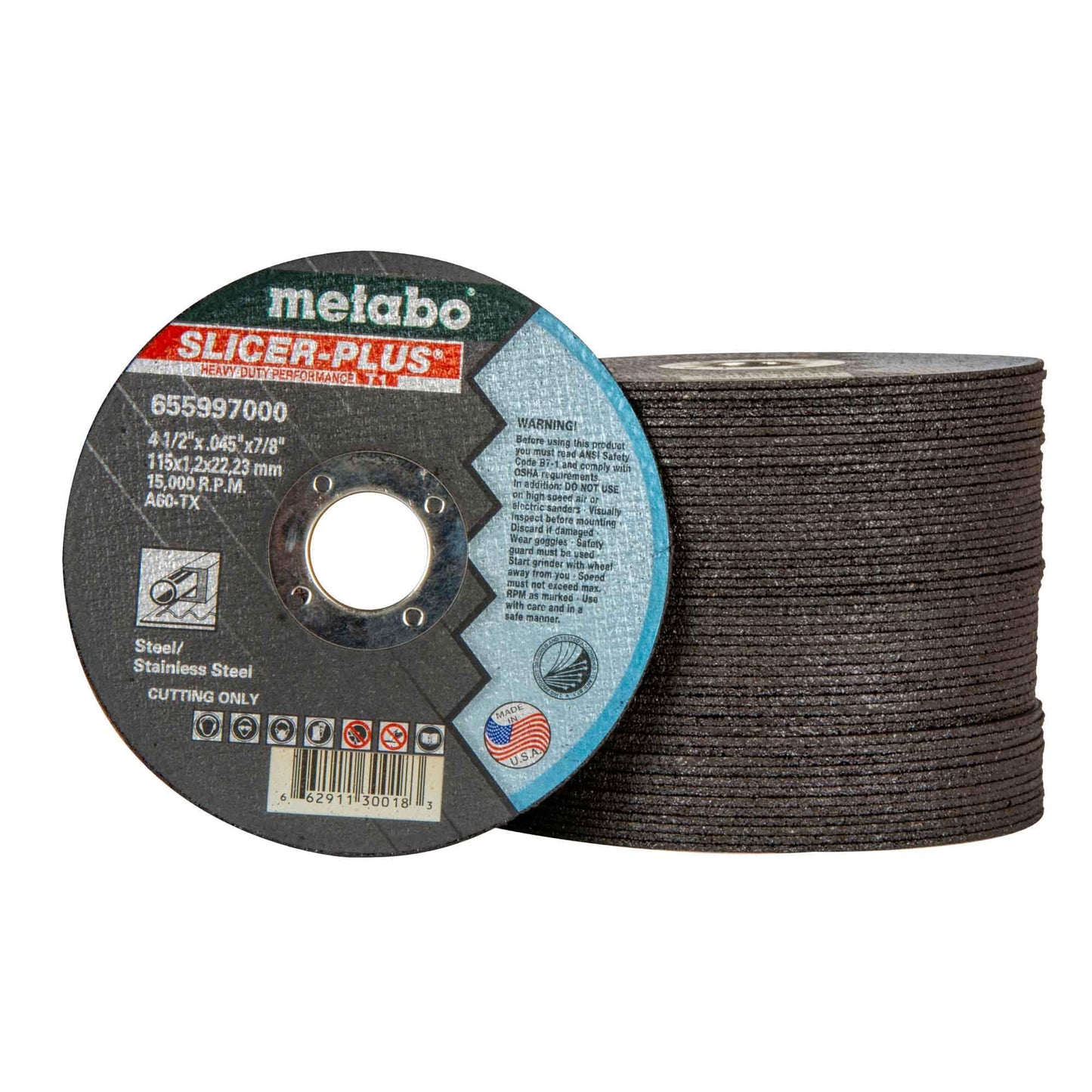 Metabo 655997000 50-Pack | 4-1/2-inch Slicer Plus Cutting Wheel | Type 1 | 4.5" x .045" x 7/8" | A60TX | Zirconia Alumina | Super Performance | Improved Performance in Steel, Stainless Steel