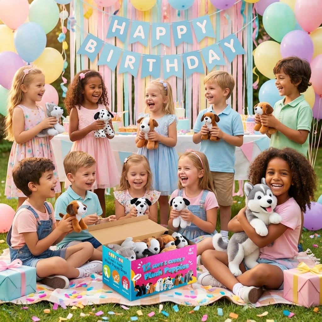 Bedwina Plush Puppy Dogs - (Pack of 12) 6 Inches Tall Stuffed Animals Bulk Assorted Puppies and Cute Stuffed Plushed Dog Puppies Assortment, Stocking Stuffers