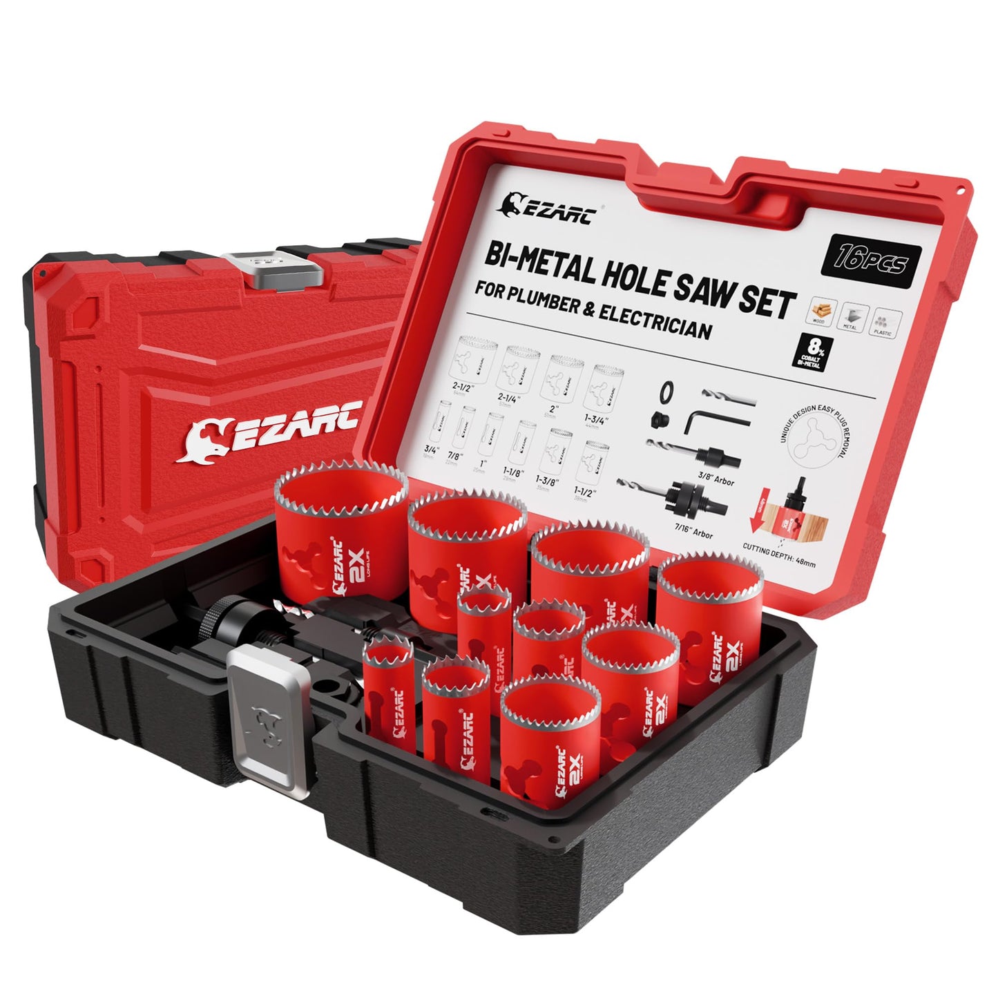 EZARC Hole Saw Kit, 16Pcs Bi-Metal Hole Saw Set with 3/4"-2-1/2"(19-64mm), Mandrels, Drill Bits, Installation Plate, Hex Key with Storage Case, Ideal for Wood, Metal, Plywood, PVC Board