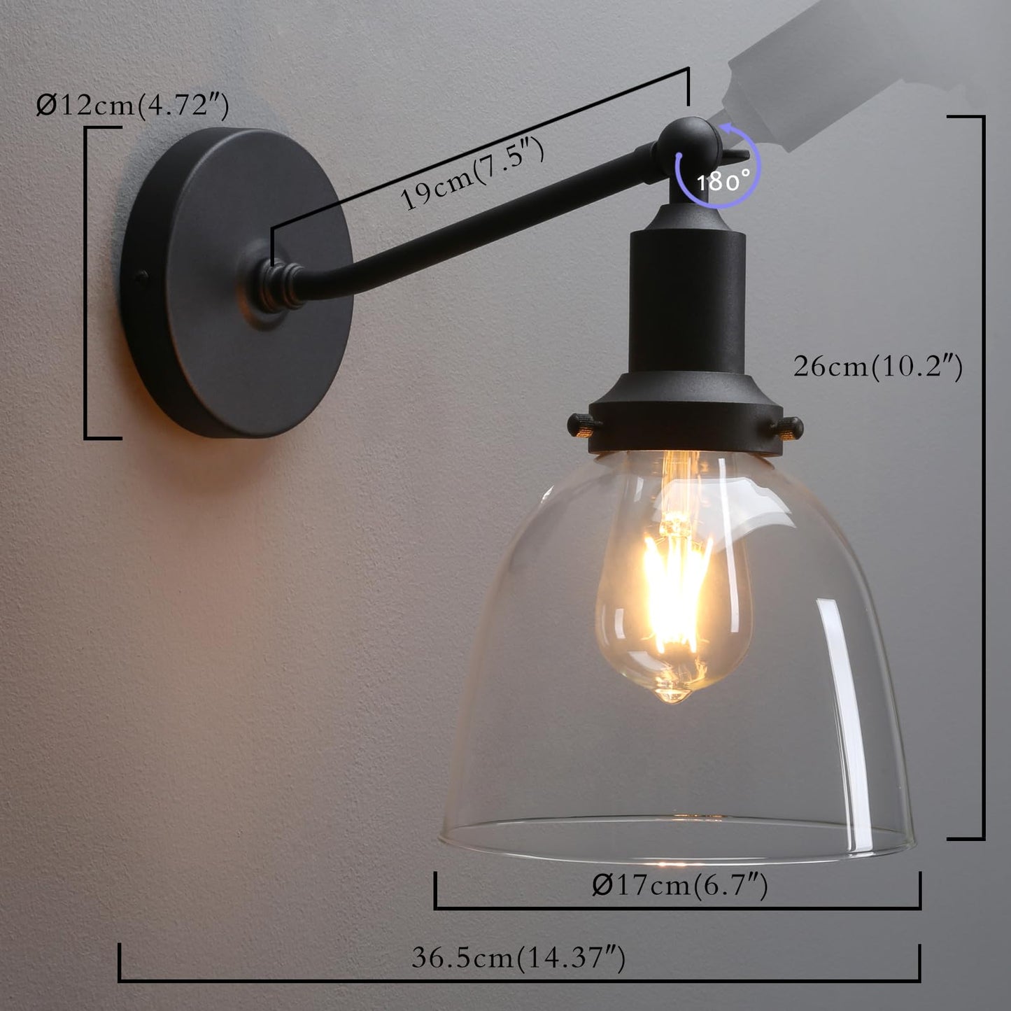 PERMO Industrial Sconces Slope Pole Sconce with 6.7" Oval Dome Clear Glass Shade Matte Black Wall Sconce Wall Mount Light Fixture for Bathroom Bedroom Entryway Home Office Kitchen