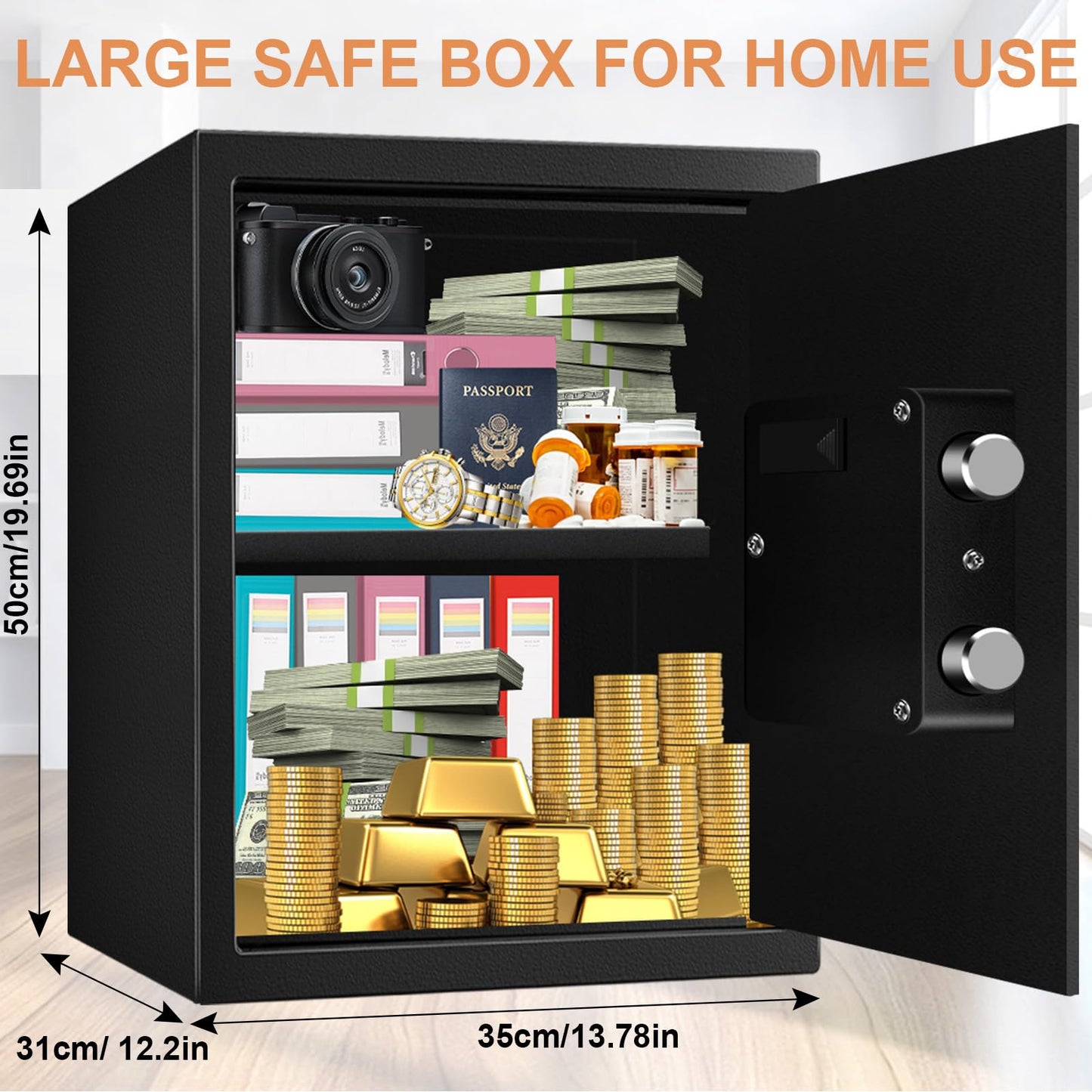 3.0 Cubic Feet Home Safe Fireproof Waterproof, Digital Home Security Safe Box with Programmable Keypad and Spare Keys, Document Safe for Money Firearms Medicine Valuables