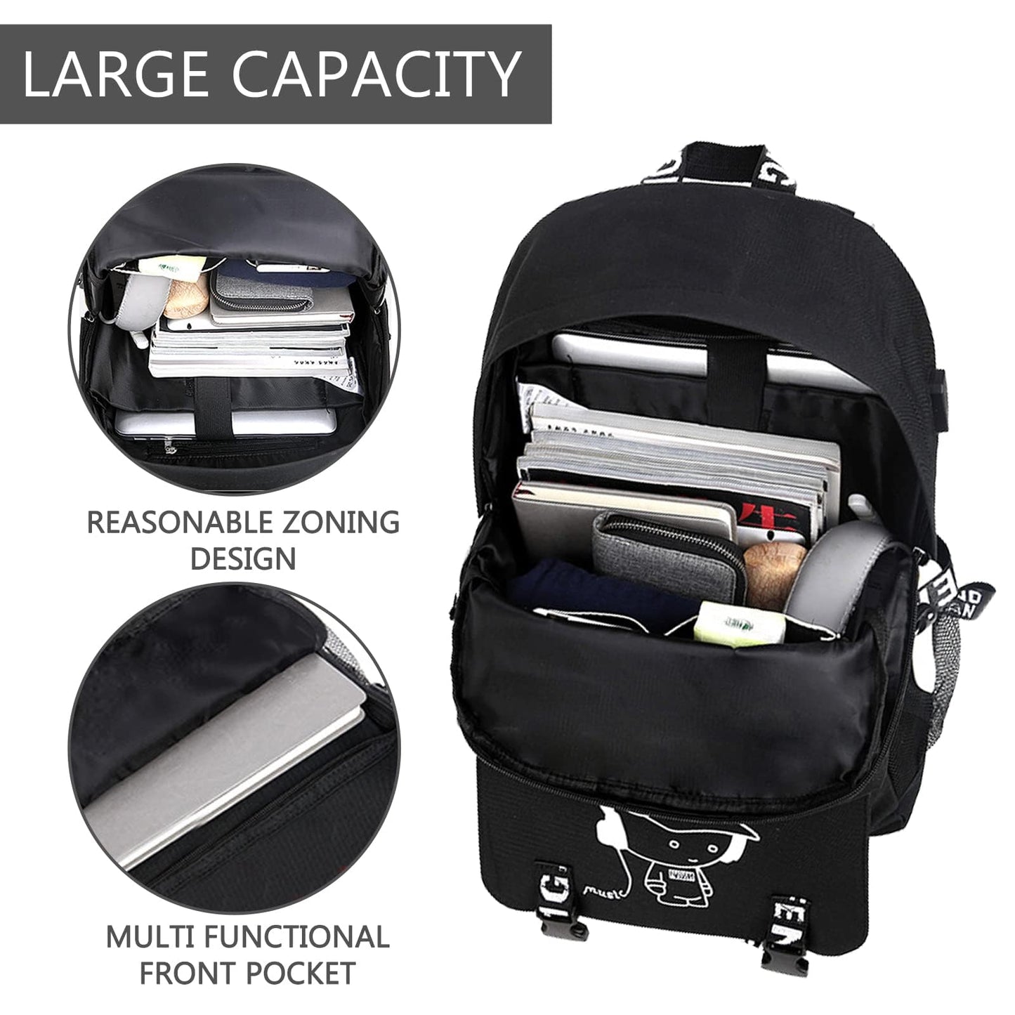 ASXMA Luminous Pattern Travel Laptop Backpack - Adjustable Shoulder Strap Waterproof Black Backpack With Usb Charging Port & Headphone Port School Backpack Includes Pencil Bag,combination Lock