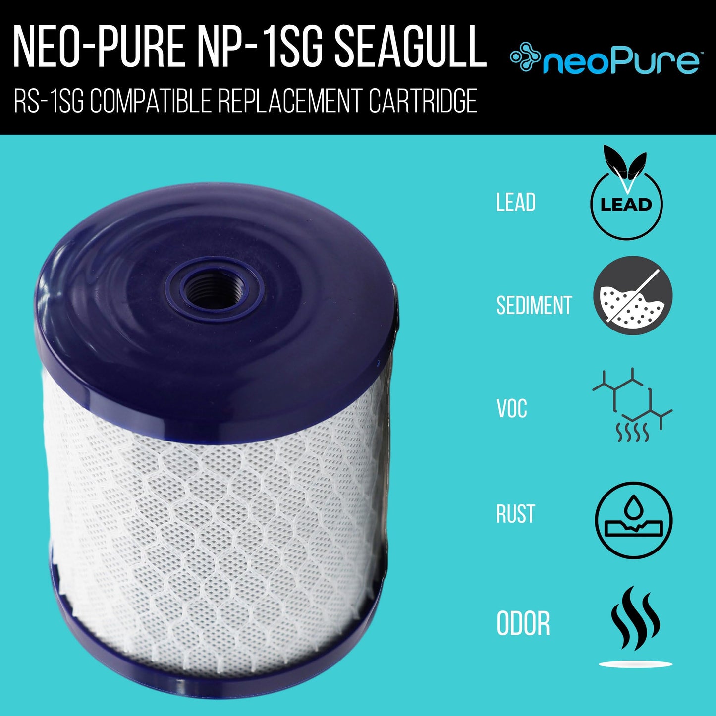 Neo-Pure NP-1SG Sub-Micron Filter Cartridge | Seagull RS-1SG Compatible | Reduces Lead, Mercury, Chlorine, Cysts, VOCs | High Flow Rate & Eco-Friendly