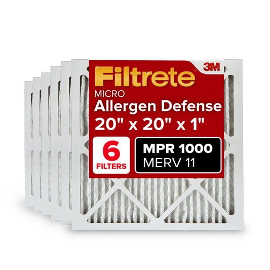 Filtrete 20x20x1 AC Furnace Air Filter, MERV 11, MPR 1000, Micro Allergen Defense, 3-Month Pleated 1-Inch Electrostatic Air Cleaning Filter, 6 Pack (Actual Size 19.69 x 19.69 x 0.81 in)