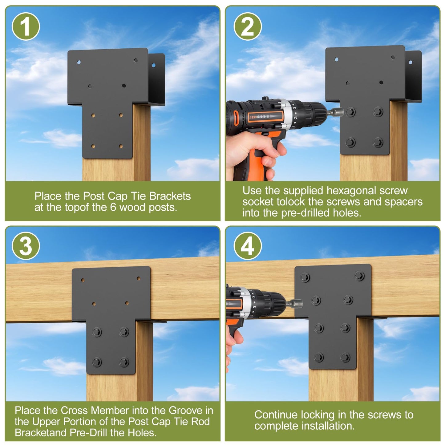 4x4 Post Caps Tie Brackets (Actual 3.5"x3.5") -4 Pack Heavy Duty Galvanized Steels Pergola Connector Brackets for Wood Posts, Gazebo & Deck Beams (Black)