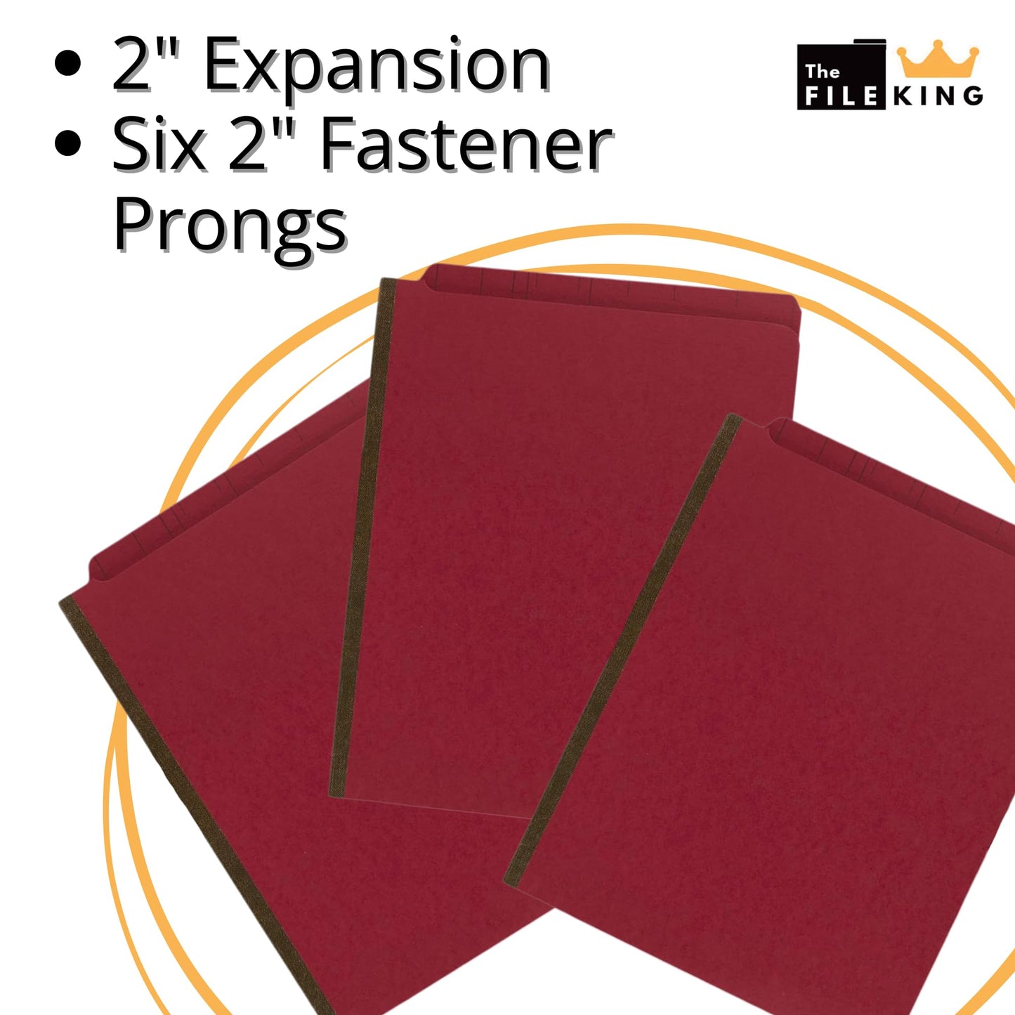 The File King Two Divider Pressboard Classification Red File Folder - Letter Size | Box of 10 | End Tab | 2” Expansion | Six 2-Inch Fastener Prongs | Made in America