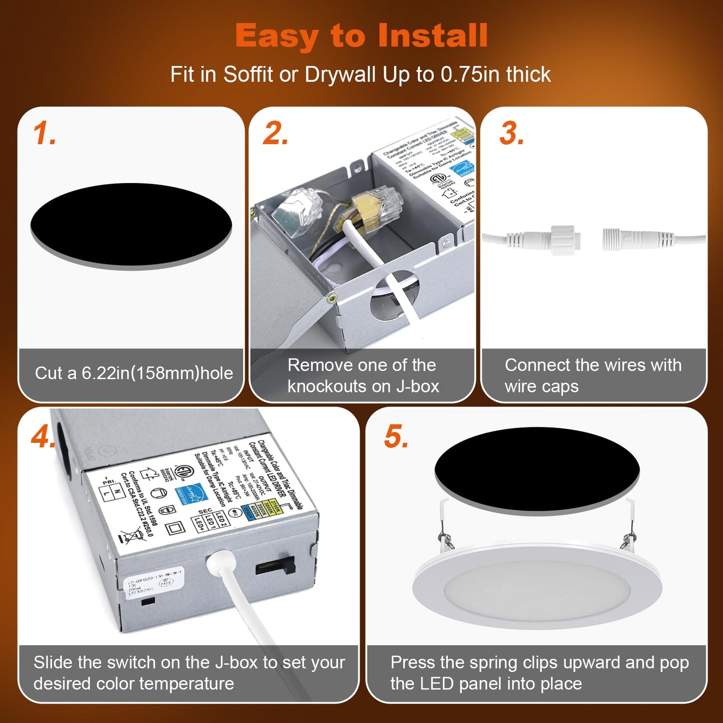 ZYC Recessed Lighting 6 Inch - 12W 1100LM LED Recessed Ceiling Light with Night Light,2700K/3000K/4000K/5000K/6000K Selectable Ultra-Thin Lighting,Dimmable Canless Wafer Downlight,Pack of 6（Gold）.