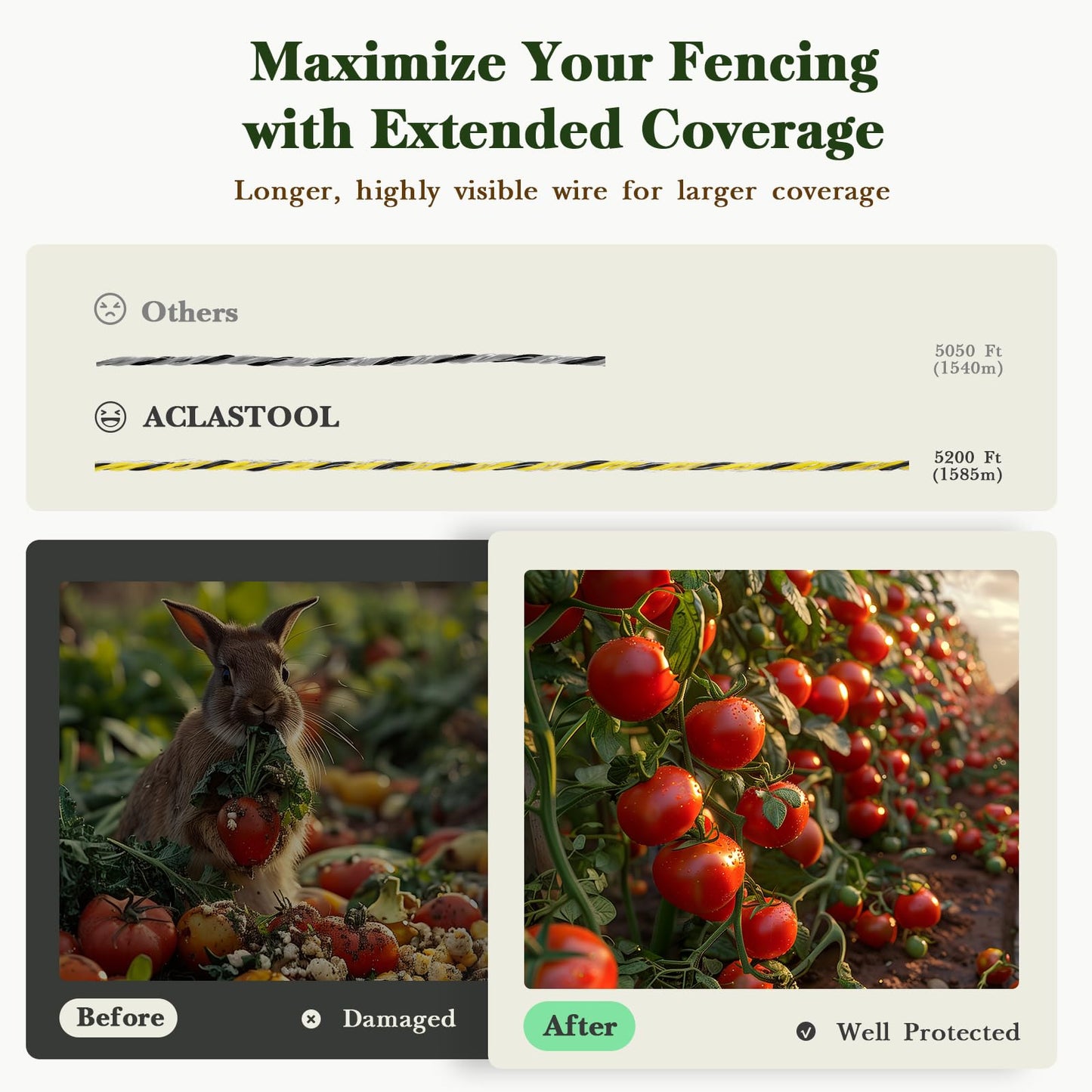 Aclastool Electric Fence Wire, 5200ft 1585m, Polywire for Portable Livestock Fencing, 6 Stainless Steel Strands for Reliable Conductivity and Rust Resistance, UV Resistant