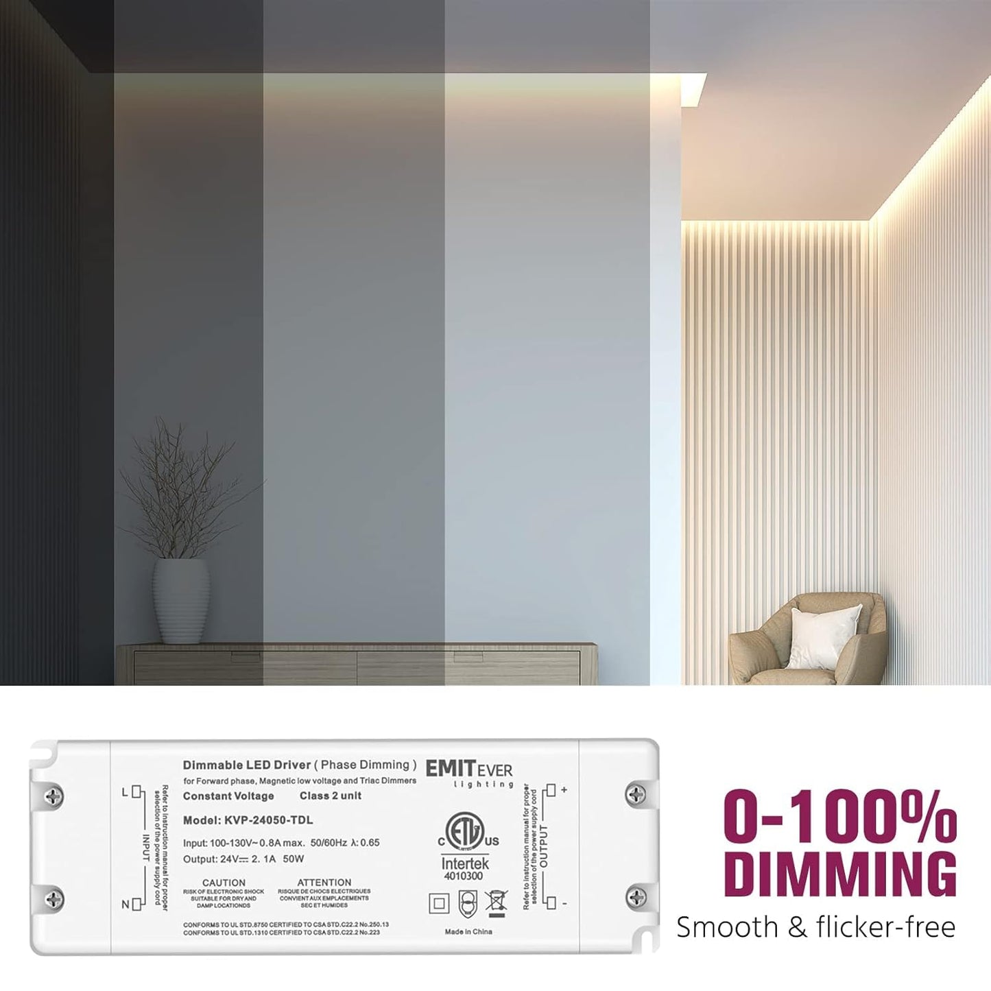 EMITEVER Triac Dimmable Driver,2 Packs 50W Power Supply,AC 120V to DC 24V Transformer,Compatible with Lutron and Leviton Dimmers,for LED Lighting,Class 2,ETL Certified