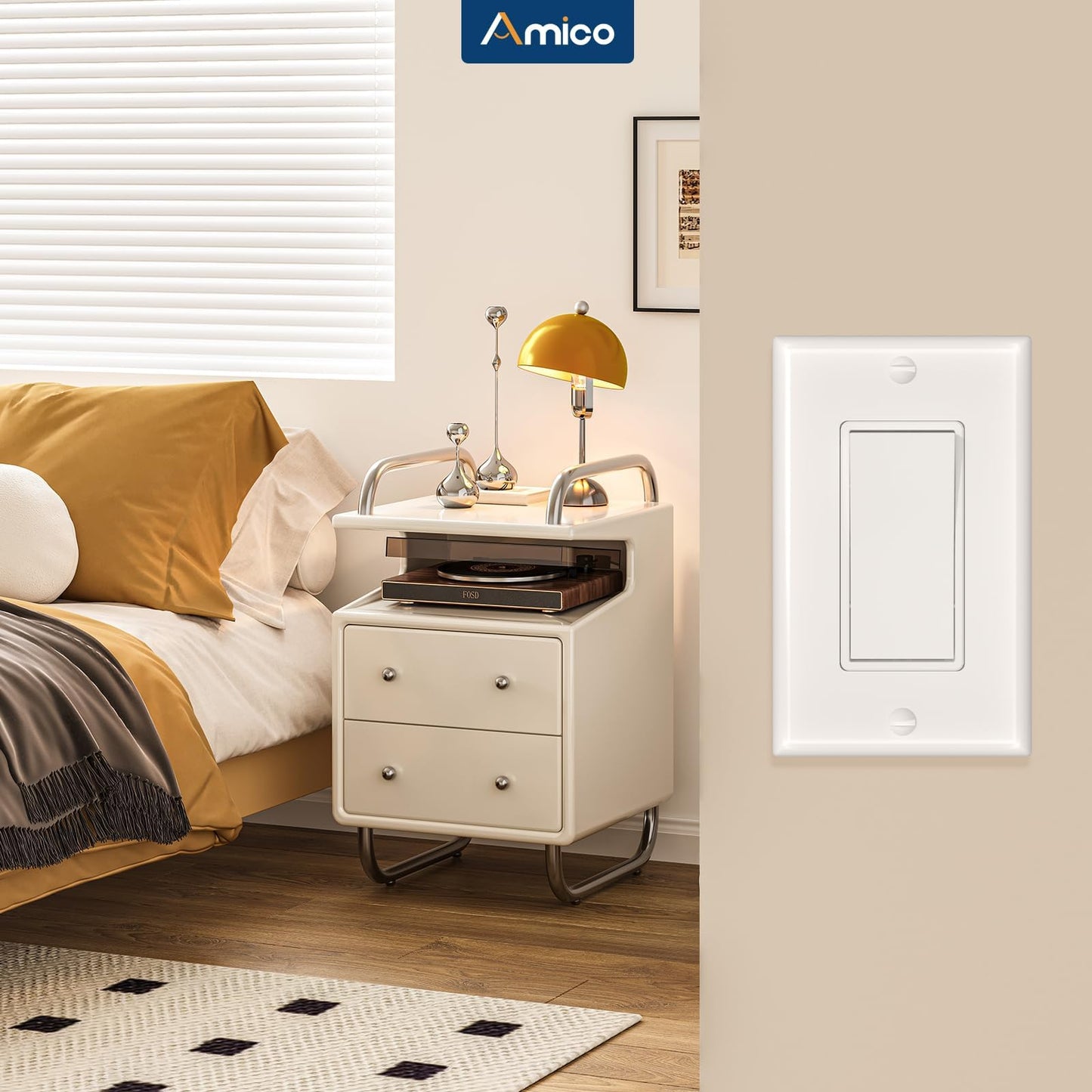 Amico 30 Pack Single Pole Light Switch with Wall Plate, UL Listed, 15A 120/277V, On/Off Rocker Paddle Interrupter Wall Switch, Grounding Screw, Residential Grade, Suitable for Home and Business, White