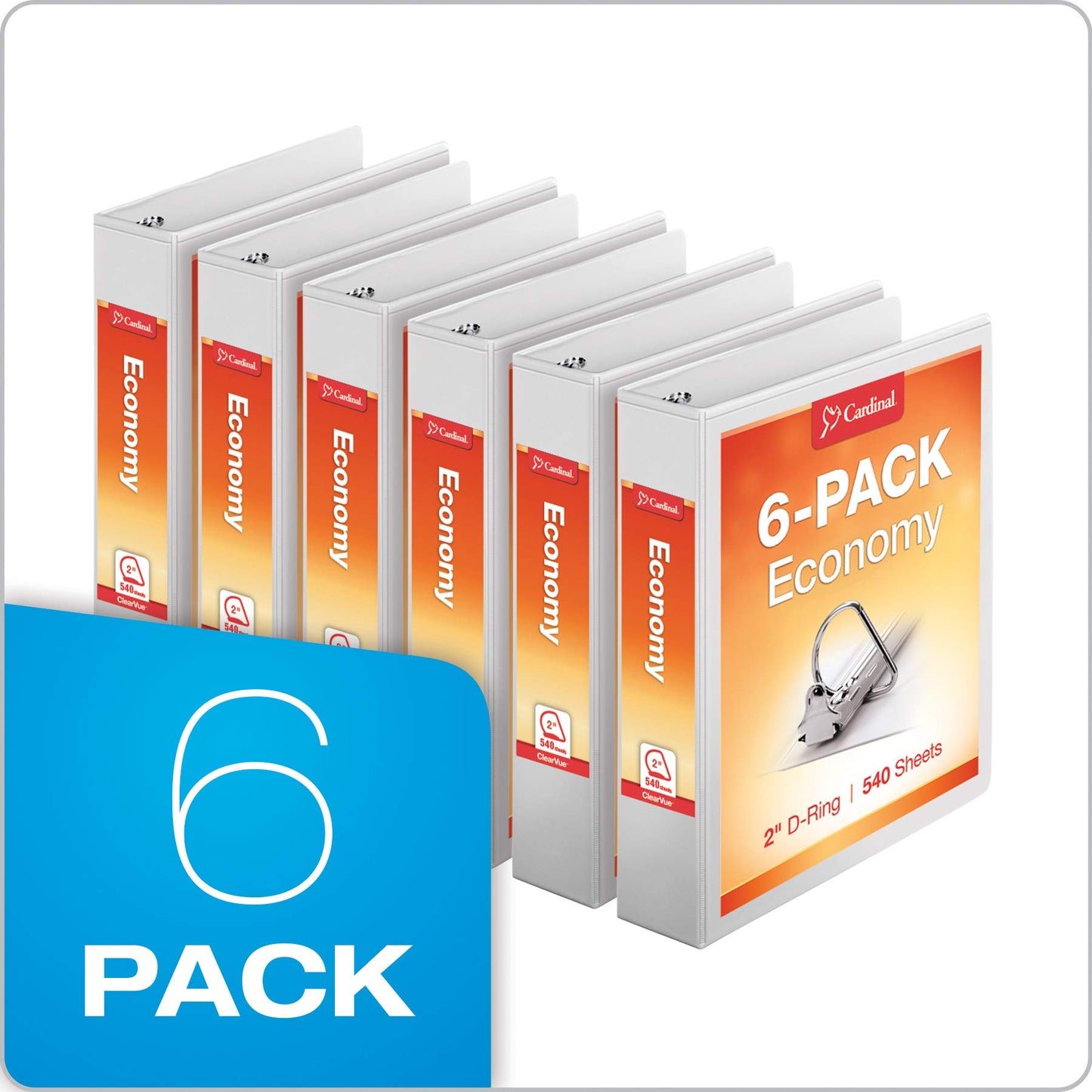 Cardinal 2 Inch Binders, 6 Pack, 3 Ring Binder, 2 inch 3 Ring Binder, D-Ring, Holds 540 Sheets, Non-Stick, PVC Free, Three Ring Binders for Organization and Presentations, White