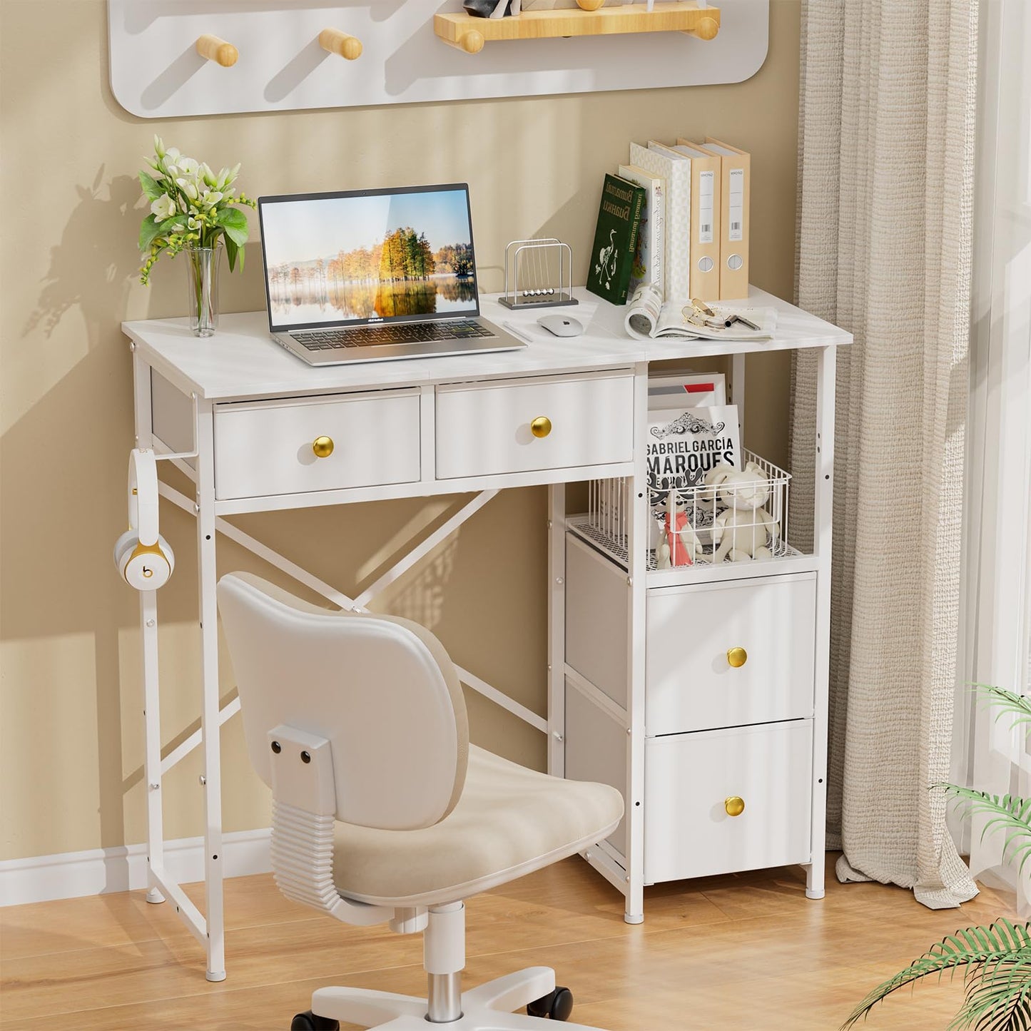 3IngSeagulls Small Computer Desk with 4 Fabric Drawers, Simple Writing Desk for Home Office, Compact Study Desks for Small Spaces, Kids Desk Study for Bedroom, White