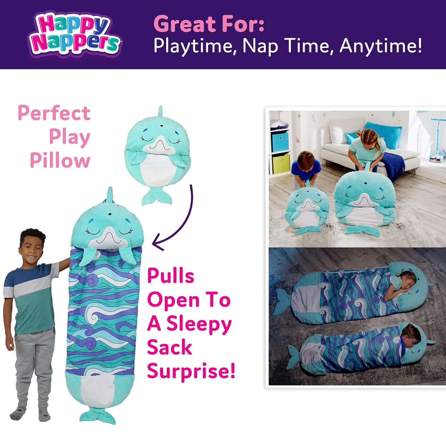 Happy Nappers Pillow & Sleepy Sack Medium Dolphin Comfy, Cozy, Compact, Super Soft, Warm, All Season, Sleeping Bag with Pillow