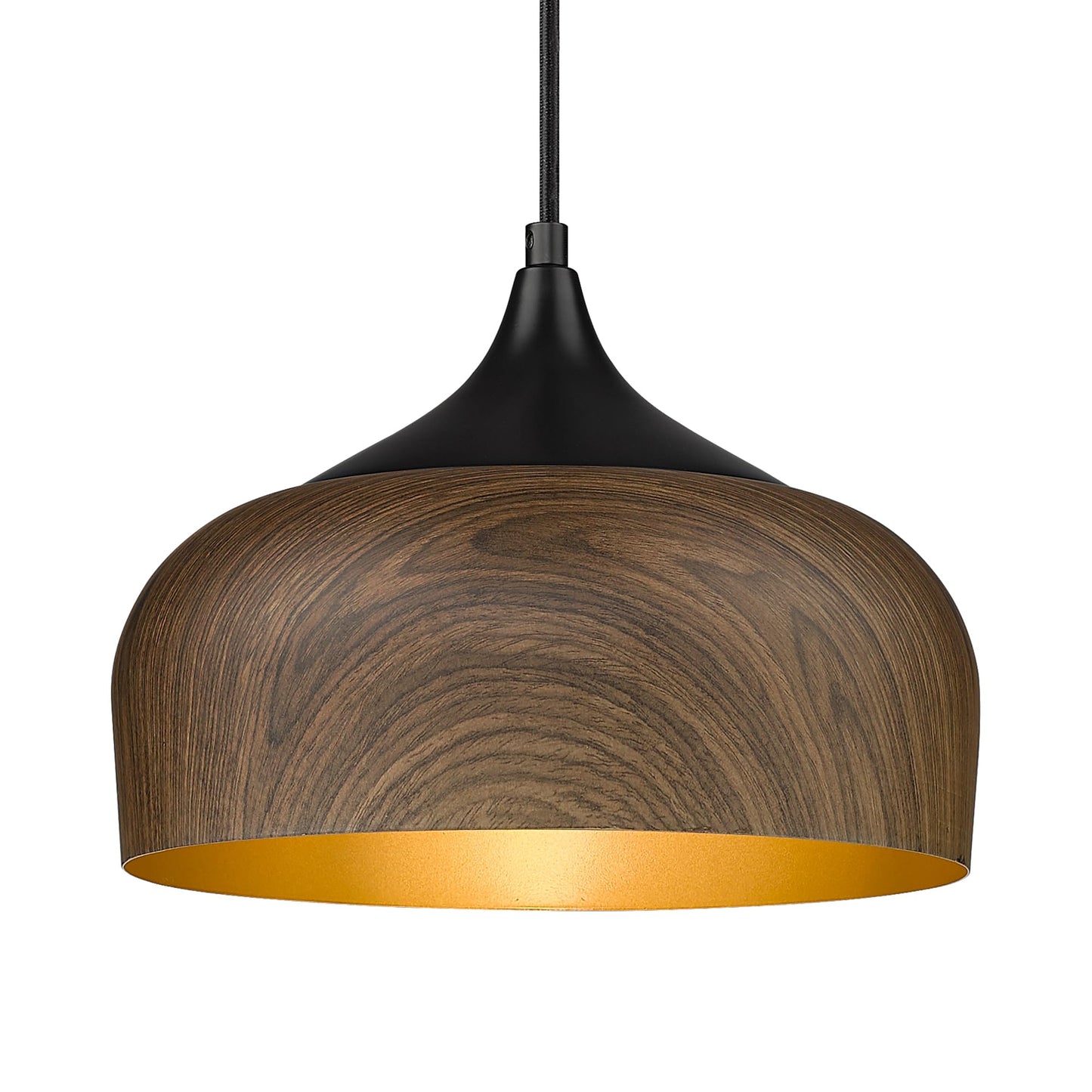 ELYONA Modern Bauhaus Pendant Light Walnut Wooden Pattern Dome Pendant Light Fixture Matte Black Metal Gold Inner Adjustable Hanging Lighting for Kitchen Island Dining Room Office Hallway Bedroom