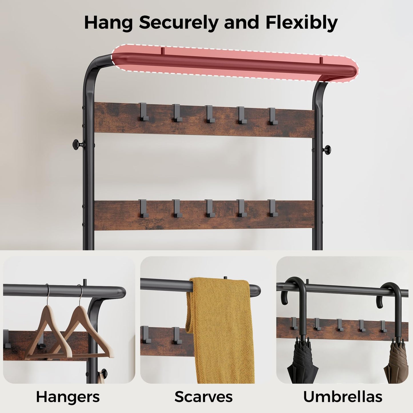 KMFurnila Hall Tree with Bench and Shoe Storage, 4-in-1 Entryway Organizer with 10 Hooks and Storage Shelf,Coat Rack Freestanding with 2-Tier Storage Shelf for Living Room, Bedroom Rustic