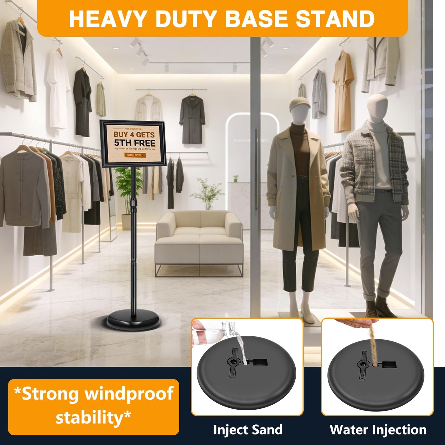 EthPul 2 Pack Sign Holder Stand 8.5x11 inch, Height Adjustable Floor Standing Signage Stand with 360° Rotated Frame, Outdoor Indoor Poster Stand with Base for Business, advertising, Malls