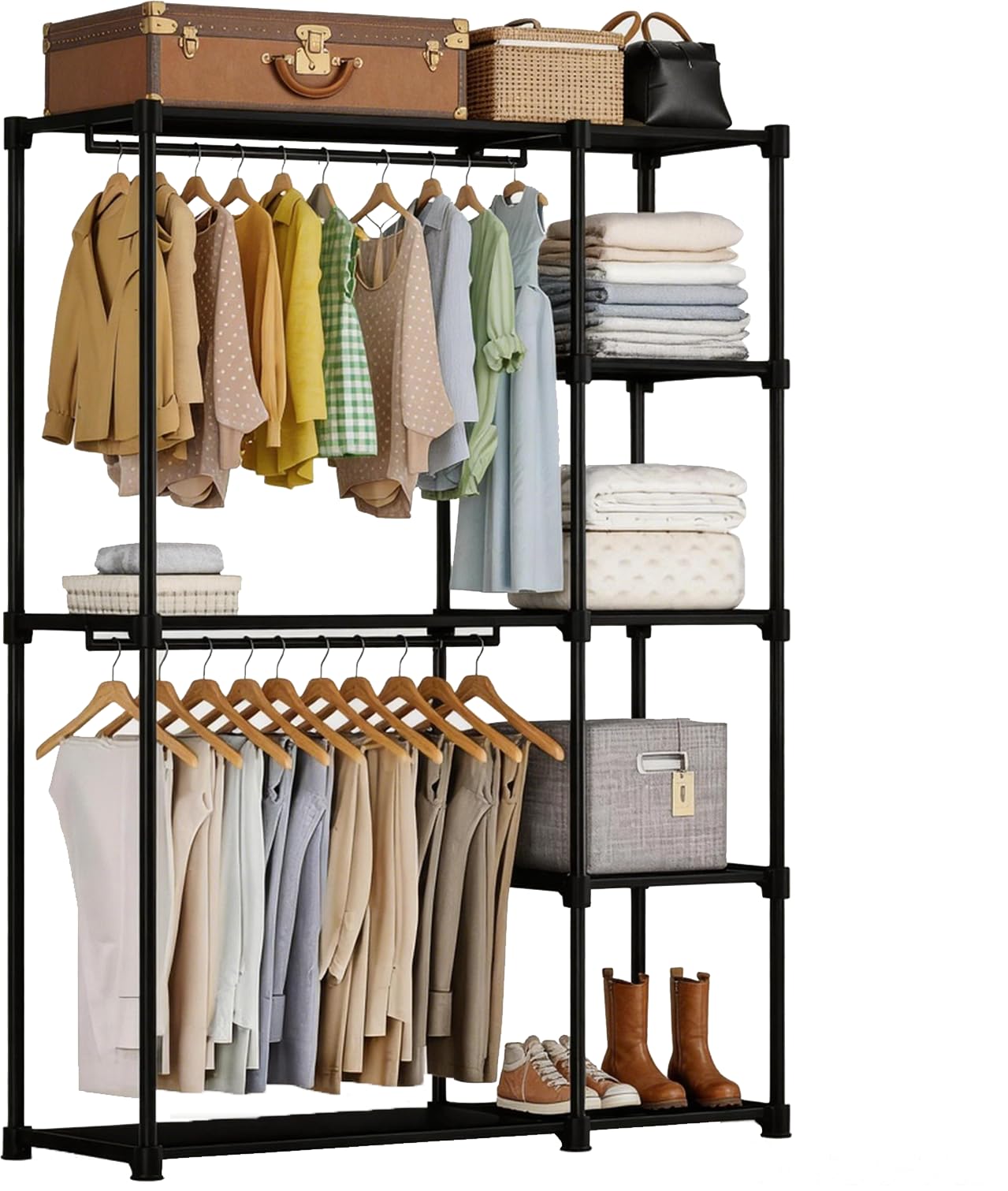 Simple Deluxe Clothes Rack, Heavy Duty Clothing Rack, 4-Shelf Portable Adjustable Wardrobe Closet with Hanging Rods, 43.8" W x 15.7" D x 64.9" H, Black