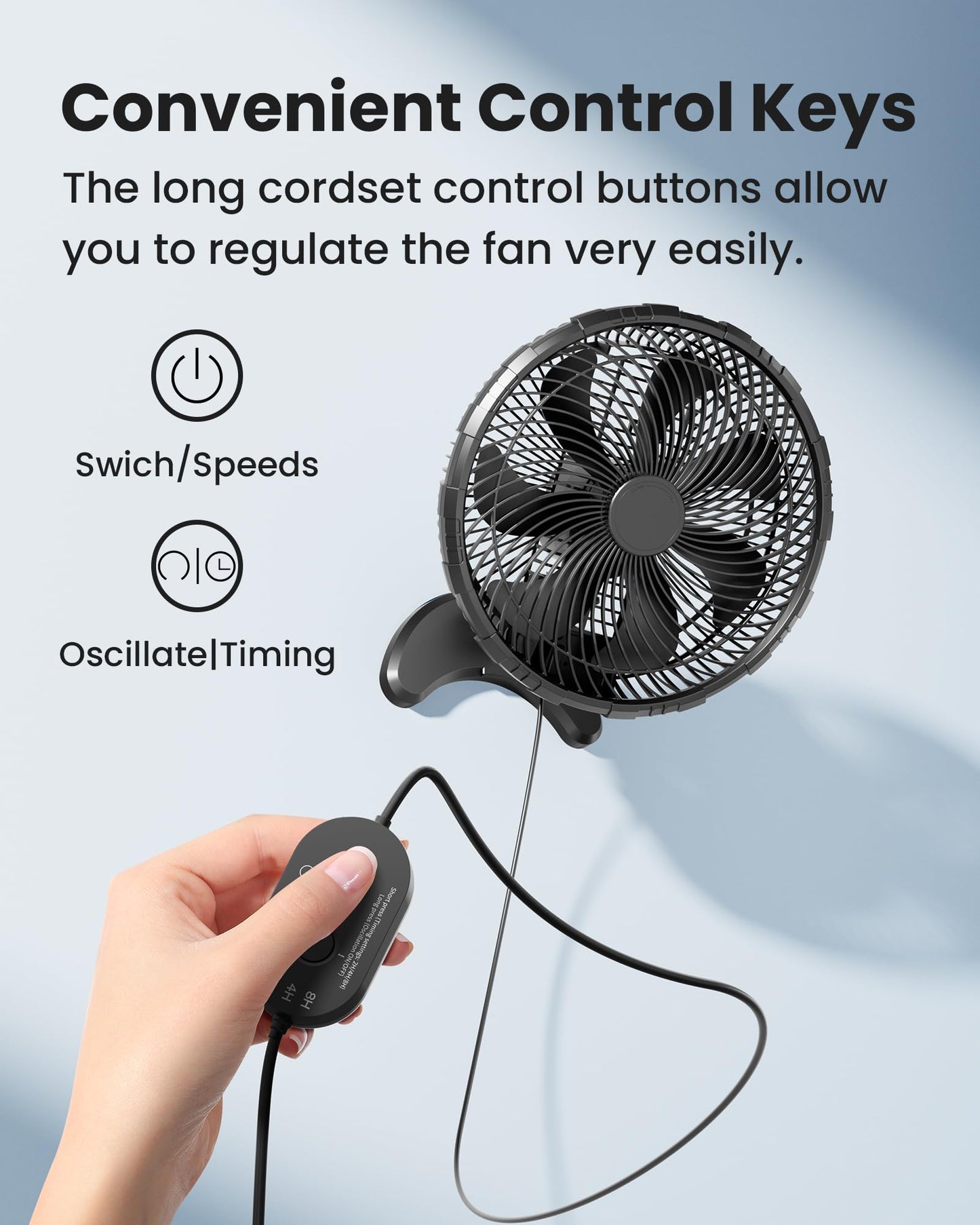 Koonie 12 Inch Wall Mount Fan, Quiet Wall Fan with Timer, 9.8ft Wired Remote, 80° Oscillation, 100° Adjustable, 3 Speeds High Velocity for RV Bedroom Kitchen Office Garage