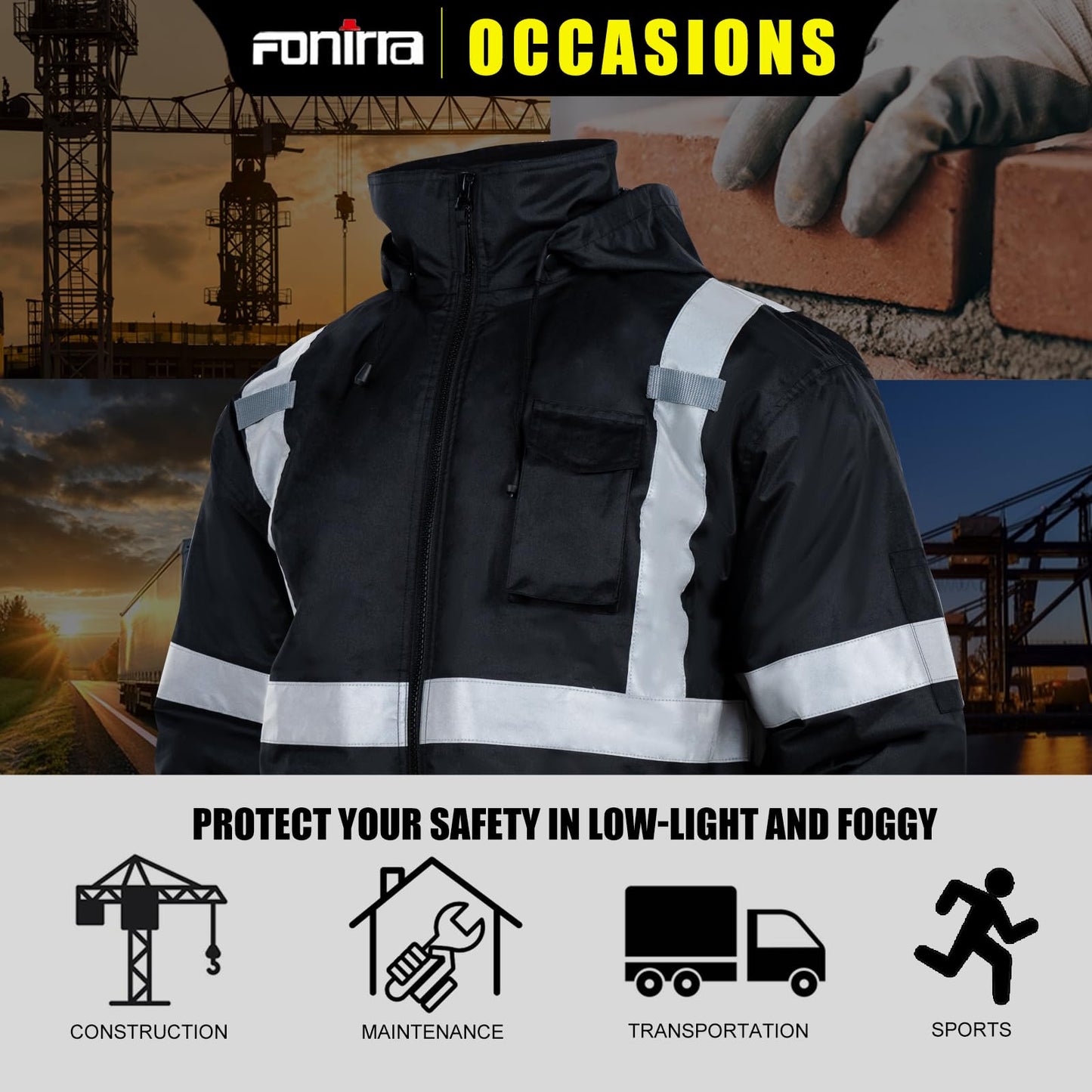 FONIRRA High Visibility Safety Jackets for Men with Fleece Liner, ANSI Class 1 Reflective Waterproof Bomber Jacket