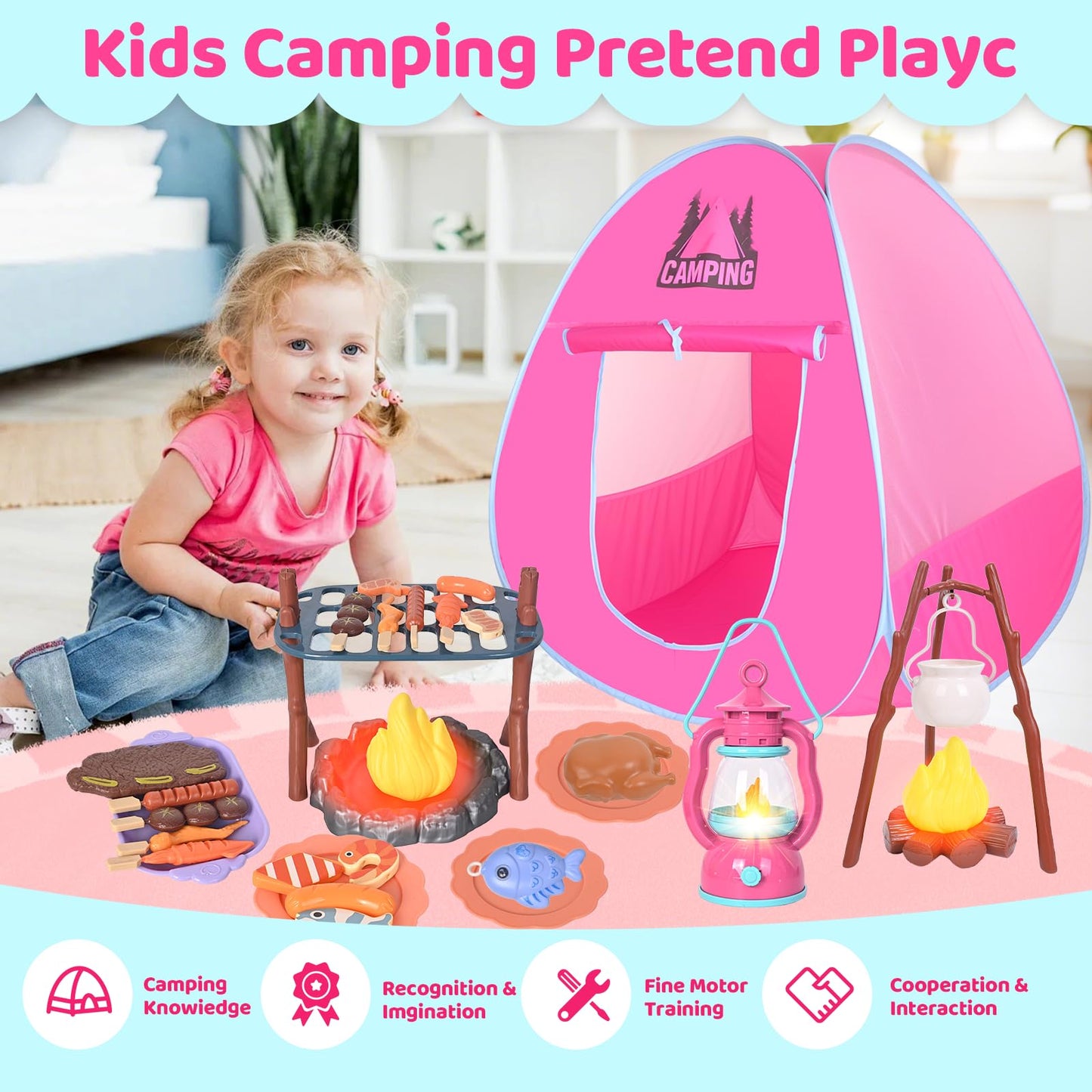 Kids Camping Set with Play Tent,Campfire,Lantern,Indoor Outdoor Camping Set with Pop up Play Tent,Camping Toys Play Set for Kids 3 4 5 Year Old,Toddler Toys