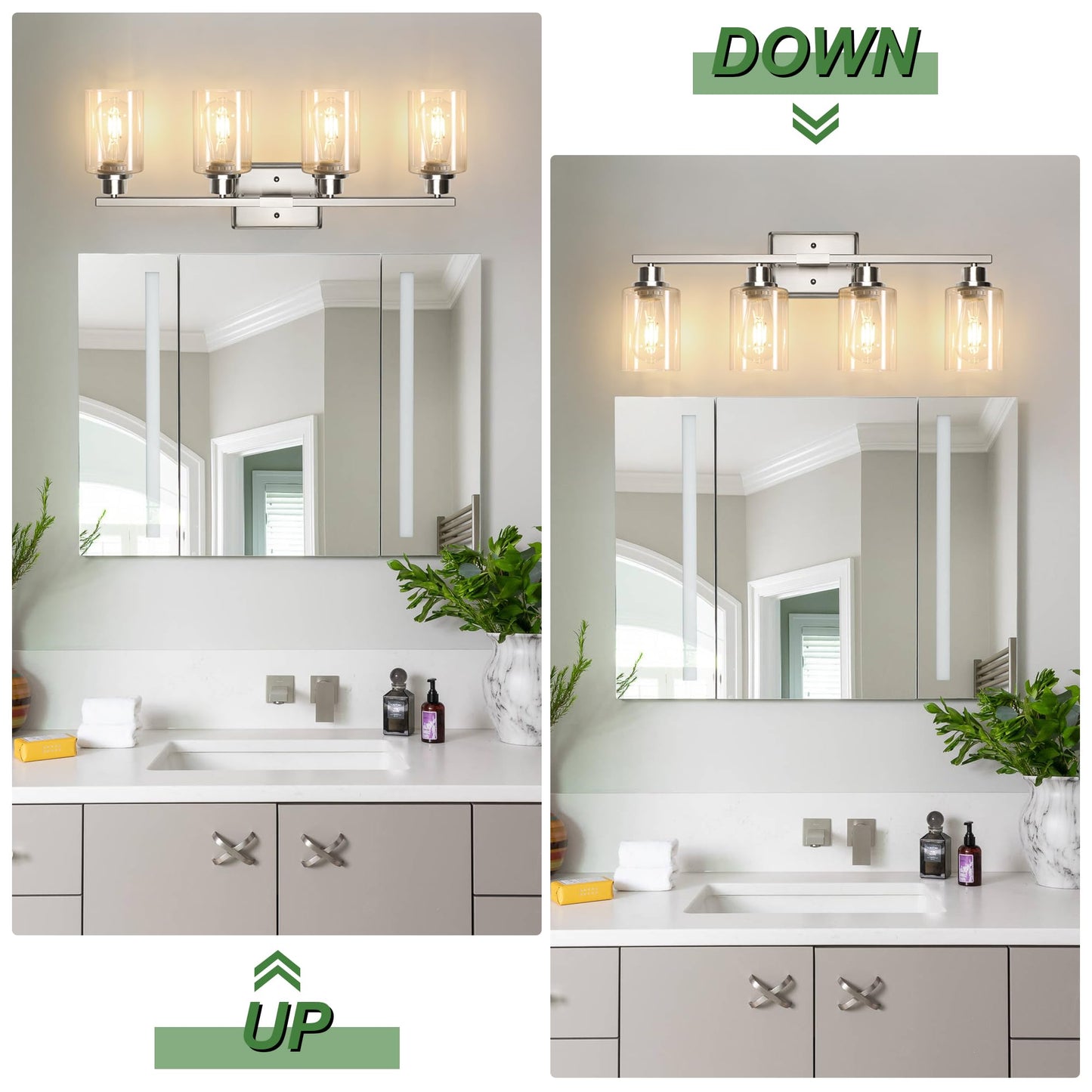 Ascher Bathroom Light Fixtures, 4-Light Vanity Lights with Clear Glass Shade, Modern Brushed Nickel Wall Light for Mirror Bedroom Hallway Cabinet Porch