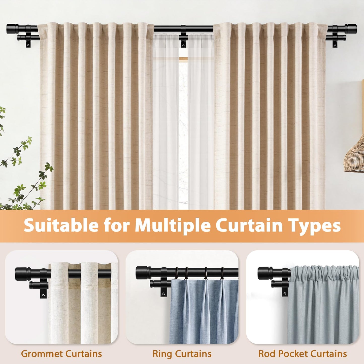 Double Curtain Rod 140 to 195 Inch, HOTOZON 1 Inch Heavy Duty Double Curtain Rods for Windows 128 to 191 Inches(10.6-15.9 ft), Telescoping Drapery Rod with Simple End Finials, Black