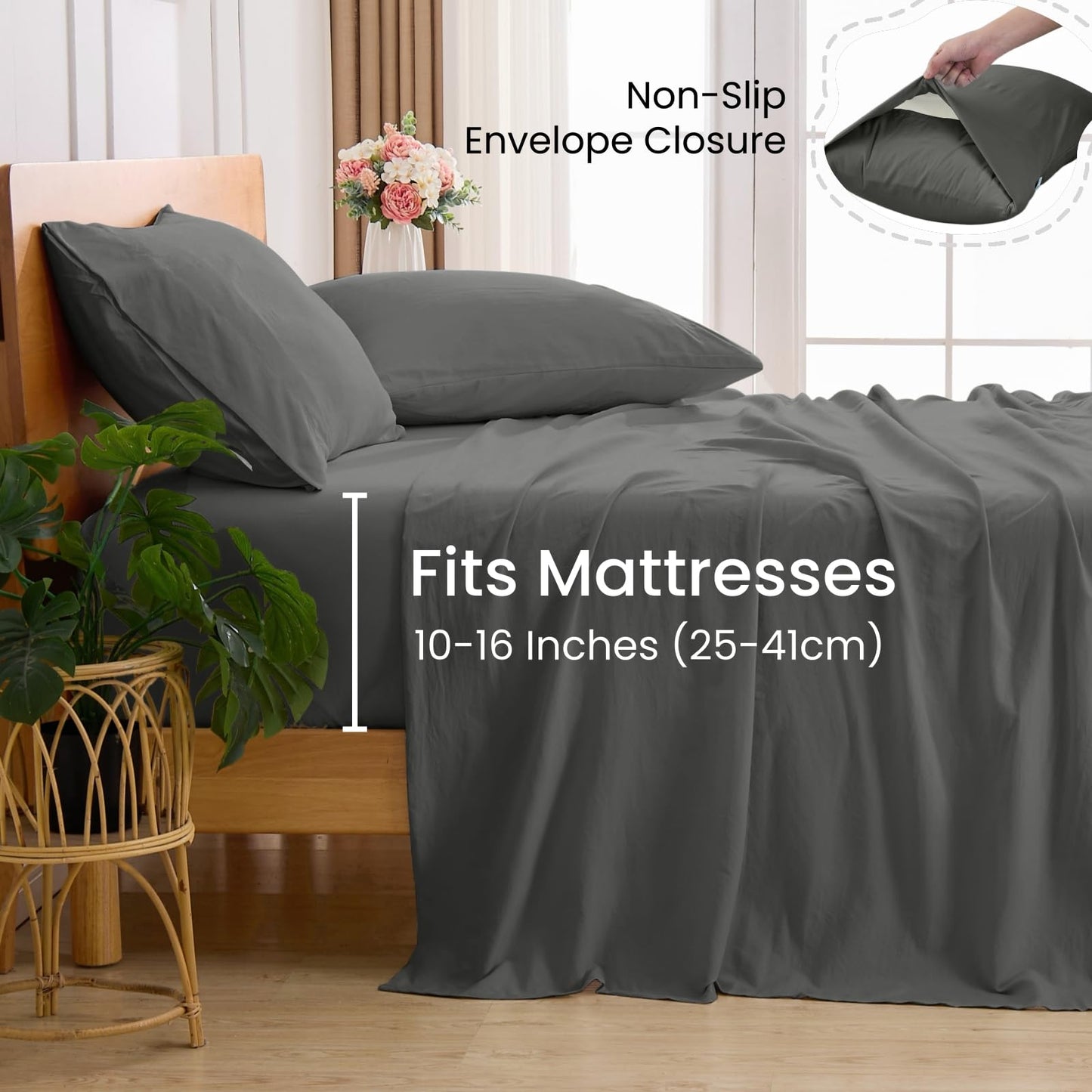 GOKOTTA 4-Pcs Queen Sheet Set, 16 Inch Deep Pocket Queen Sheets with Elastic Corner Straps, Brushed Microfiber Polyester - Hotel Luxury, Ultra Soft, Breathable, Anti-Rip, Wrinkle-Free - Dark Grey
