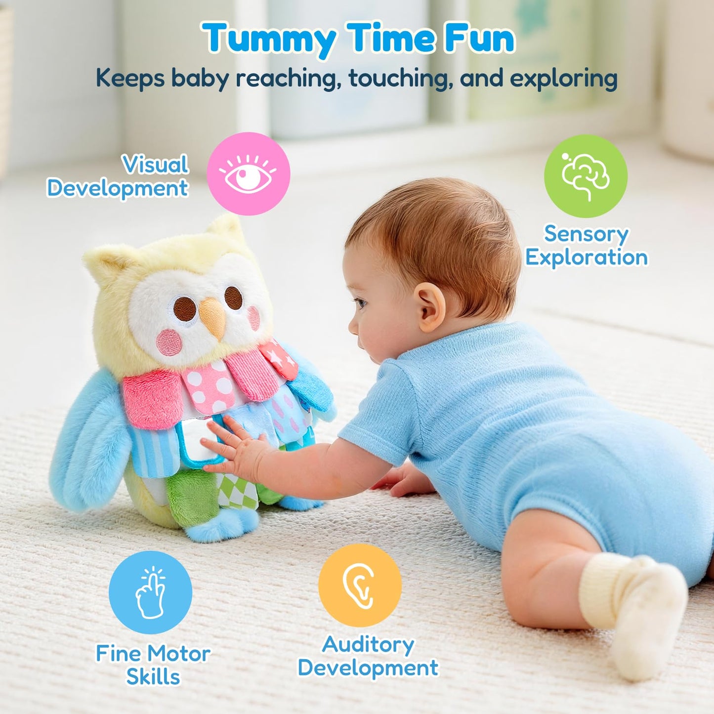 JoyCat Flip Owl Stuffed Animal, Soft Baby Sensory Toy with Multi-Textured Crinkle, Squeaker & Baby Mirror, Infant Tummy Time Toy for 0-9 Months, Newborn Baby Boy Girl Gift