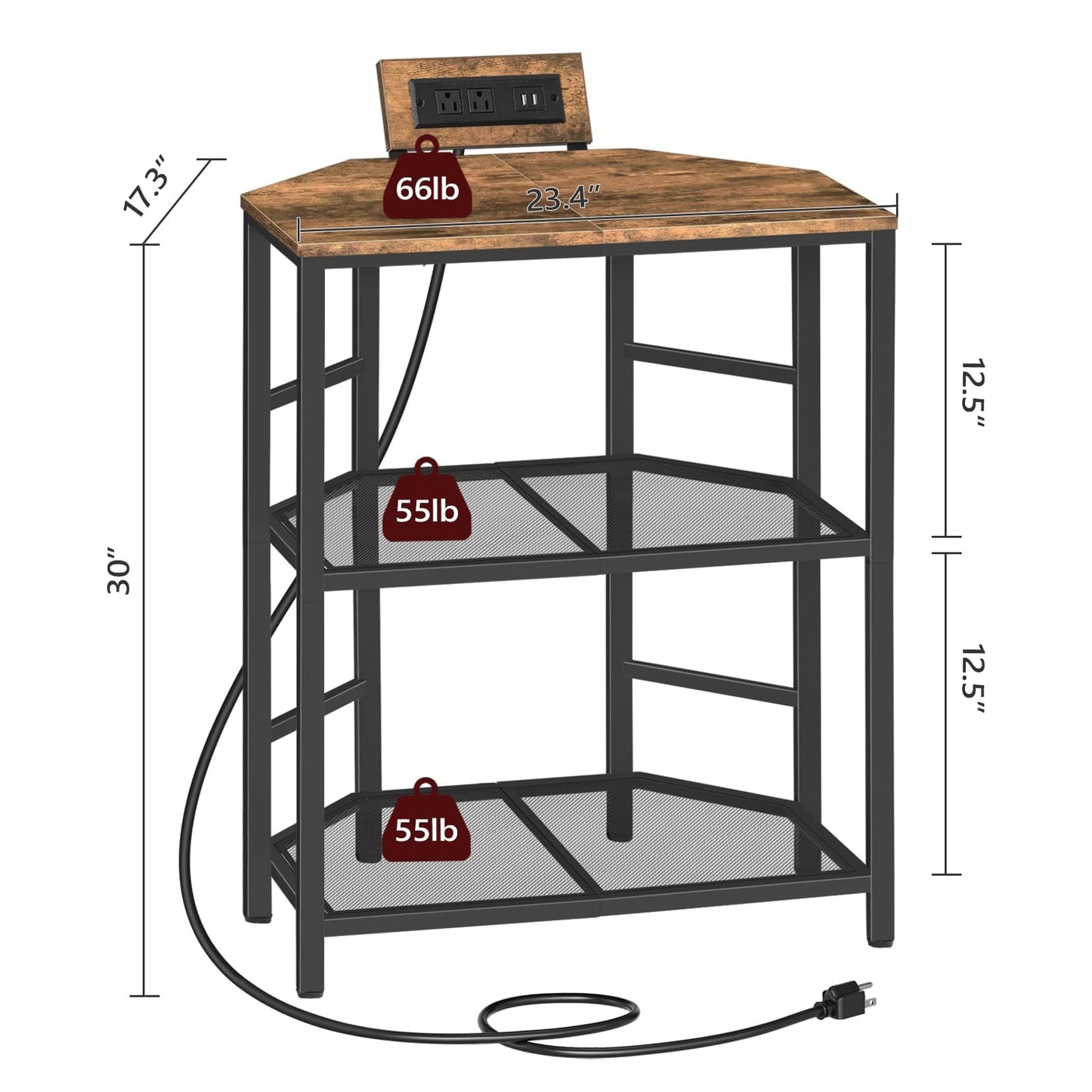 MAHANCRIS Corner Printer Stand with Charging Station, 3-Tier Large Printer Table with Adjustable Feet, Metal Frame Storage Shelf for Office, Living Room, Small Space, Rustic Brown PTHR14E01