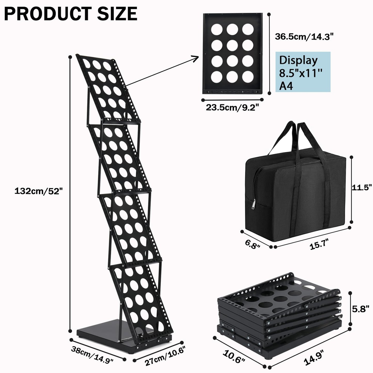ZLDYPINK Brochure Display Stand Foldable Magazine Rack, Metal Brochure Holder Literature Rack with Carrying Bag, 4 Pockets Literature Stand for Exhibition Trade Show and Office Retail Store, Black